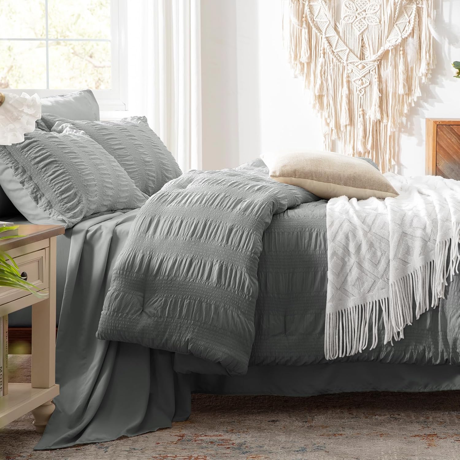 Zzlpp Queen Comforter Set 7 Pieces, Grey Seersucker Bed in a Bag with Comforter, Pillow Shams, Pillowcases, Flat Sheet, Fitted Sheet - Image 5