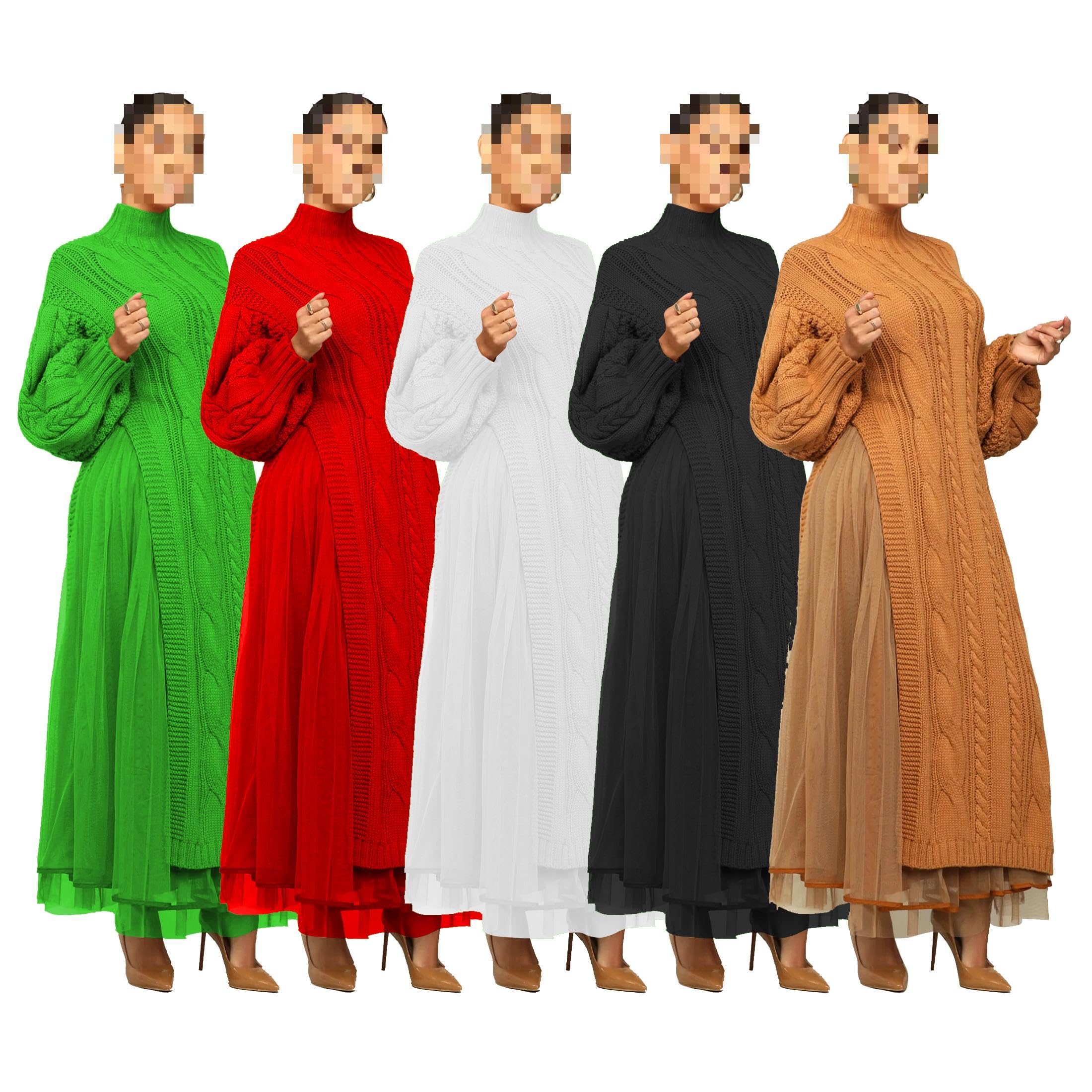Femmes Tricoté Robe À Manches Longues Col Roulé Pull Pull Robe Casual Pull Split Fourchette Lâche Robe Longue