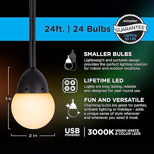 Miniatura 3 de Enbrighten Cadena de luces de café alimentadas por USB, 24 pies, 24, LED, cambio de color, interior o exterior, campamento, puerta trasera,