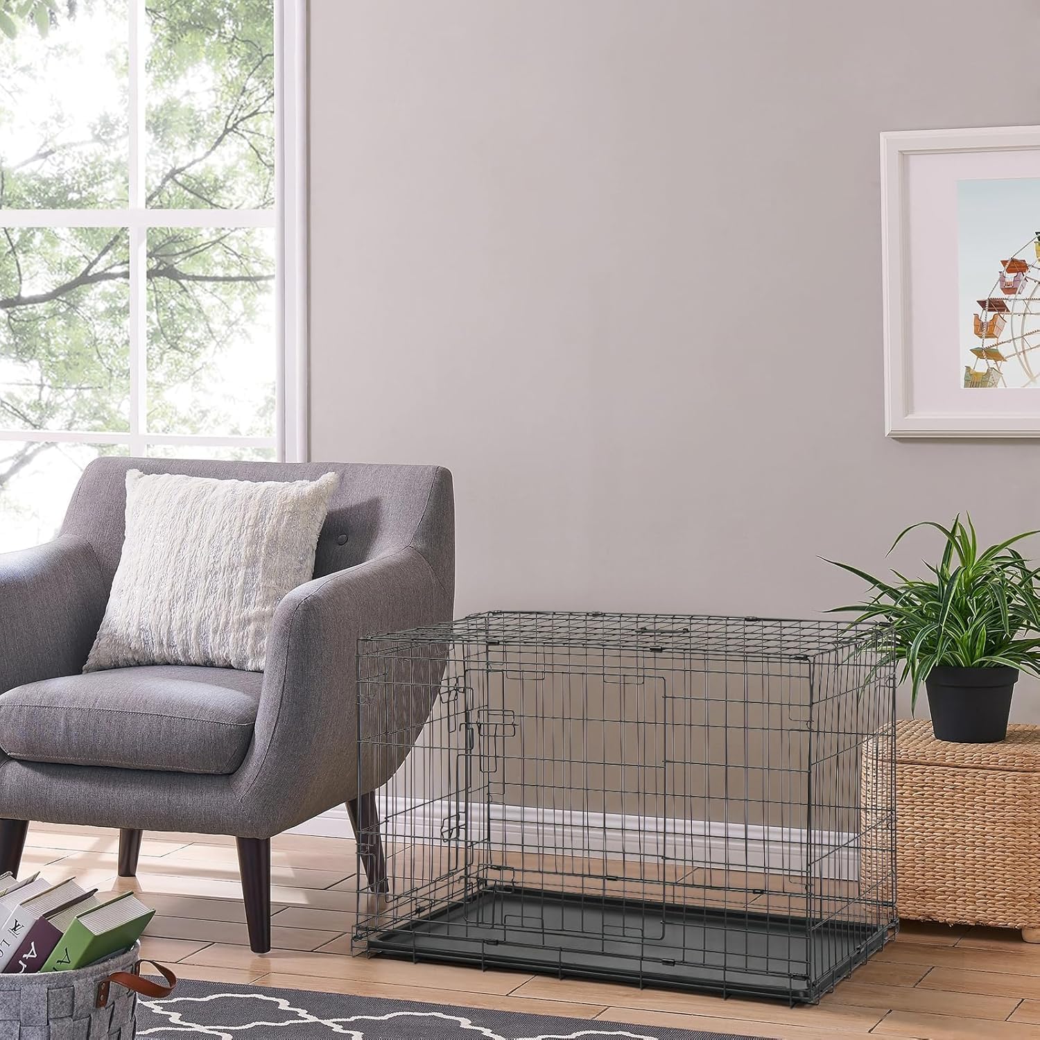 Cage Chien Pliable en Metal avec Cloison, Bac Plastique et 2 Portes, 121 x 74 x 81 cm, Noir