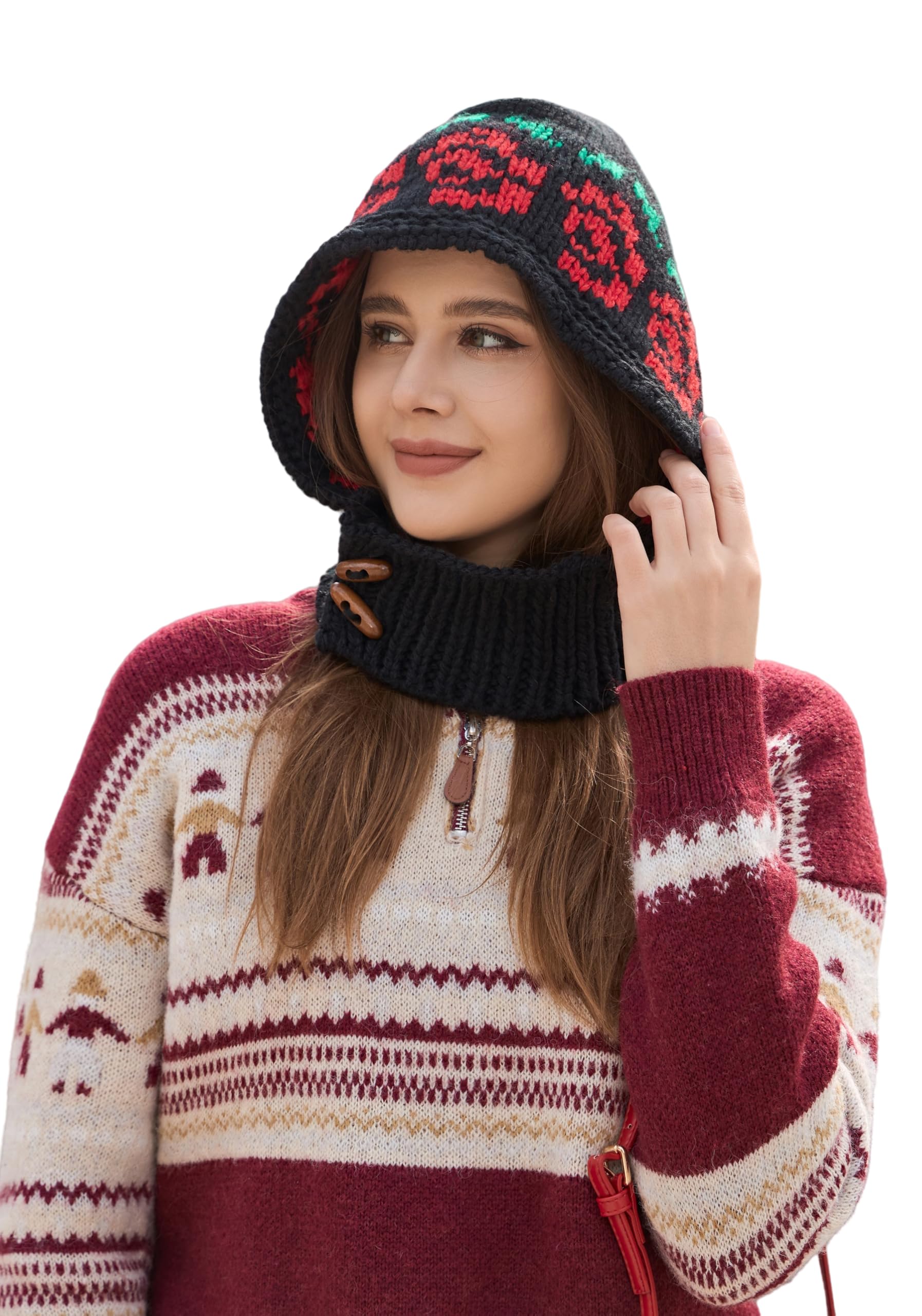 Wander Agio Wool Blend Hat for Women Handmade Hat Hats Skull Knit Beanie Floral Knit Buttoned Hat Warm Hat and Neck Combo