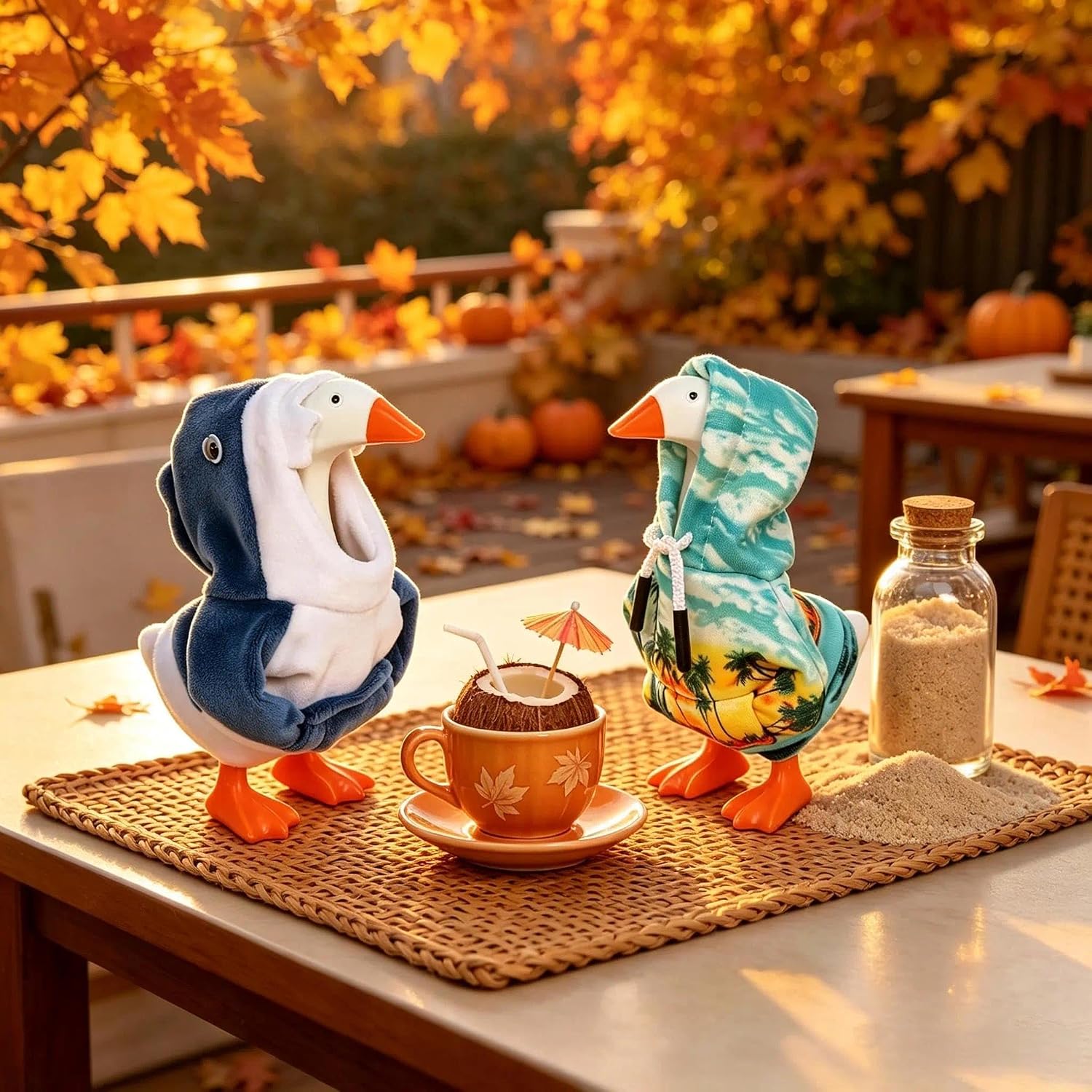 yuboo 2 Pack 7 Inch Desk Goose Outfits, Tabletop Goose Hoodie Accessory with Shark and Coconut Tree Designs, Desktop Geese Clothes for Table Decor Fall Party Photo Prop
