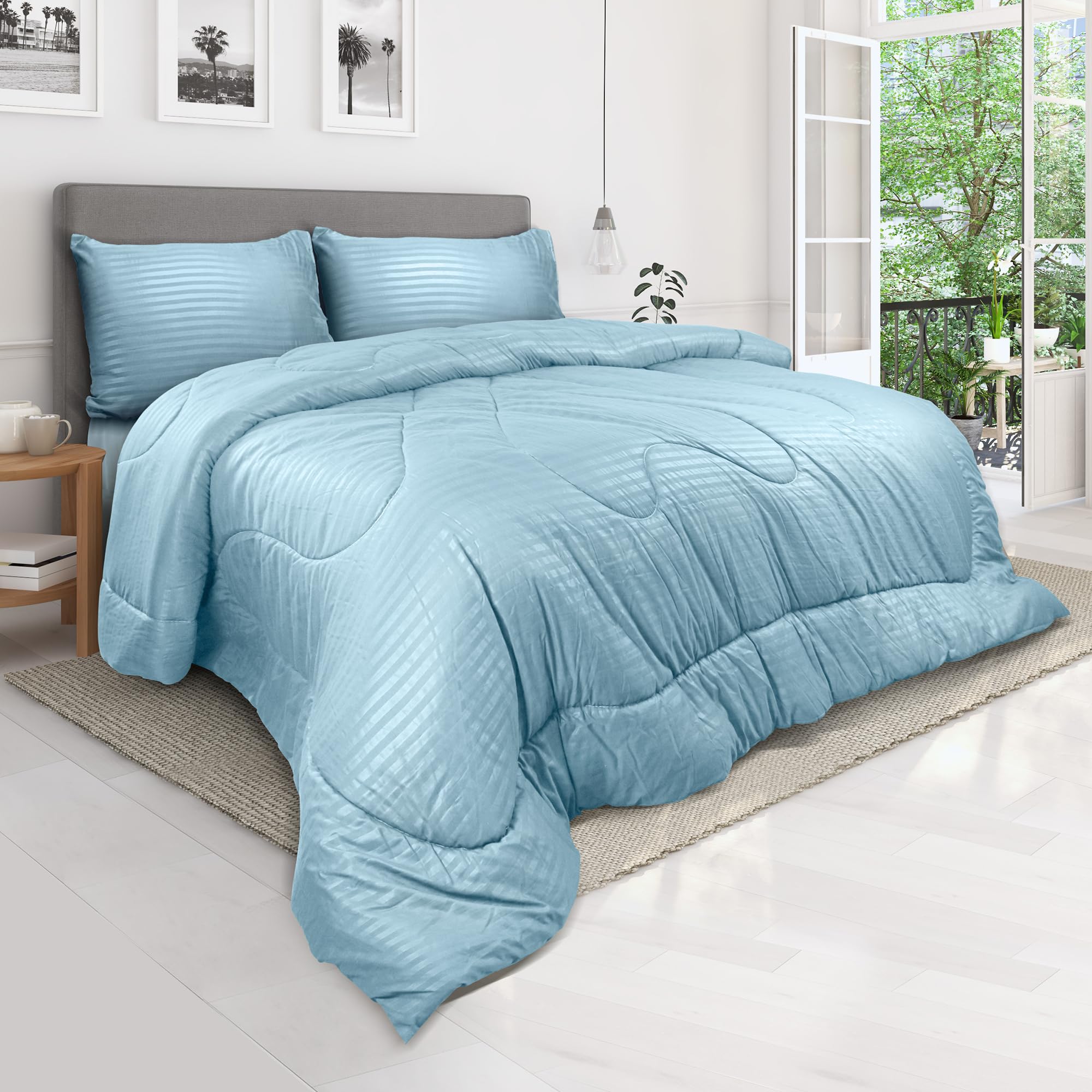 Hotel Linen Klub Down Alternative Comforter Set -Ultra Soft Brushed Stripe Microfiber Fabric, 200GSM Soft Fibersheet Filling, Size : King 240 x 260cm, Color: Aqua King Aqua