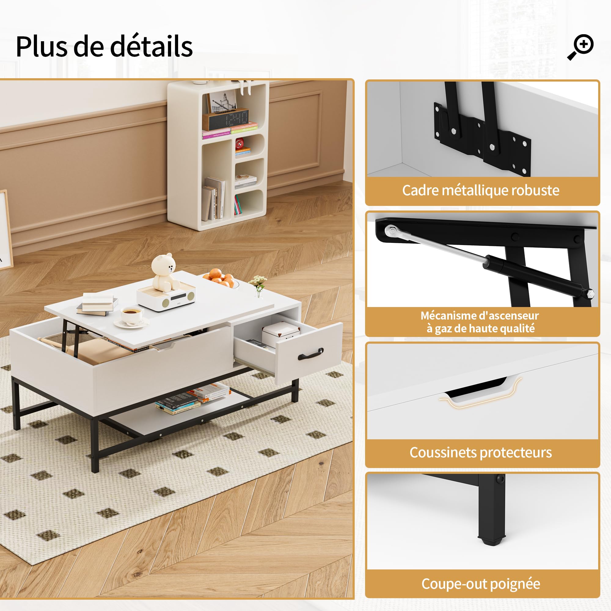 BonVache Table Basse Hauteur Réglable, Table de Salon,Table pour Salon, Table de Café,Blanc