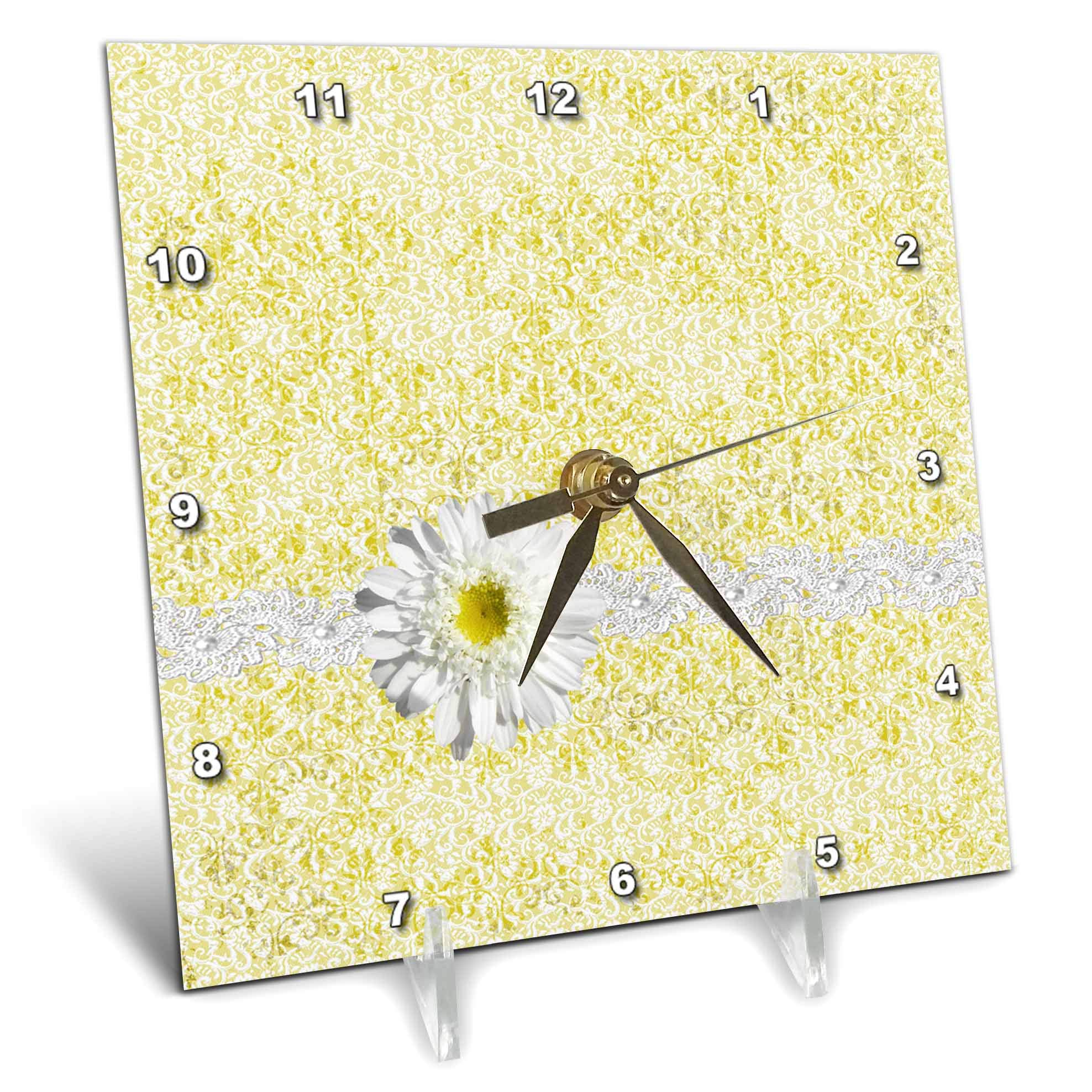 3dRose - Image of Beautiful Daisy, Lace Trim with Pearls on Lace, Yellow, White - Desk Clock - (dc-325258-1)