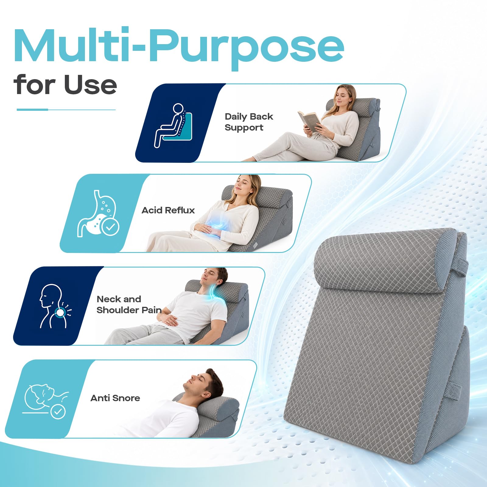 Agrish Almohada cuña refrescante para Adultos | Almohada cuña 3 en 1 de espuma viscoelástica, almohada inclinada para dormir, soporte lumbar para sentarse en la cama