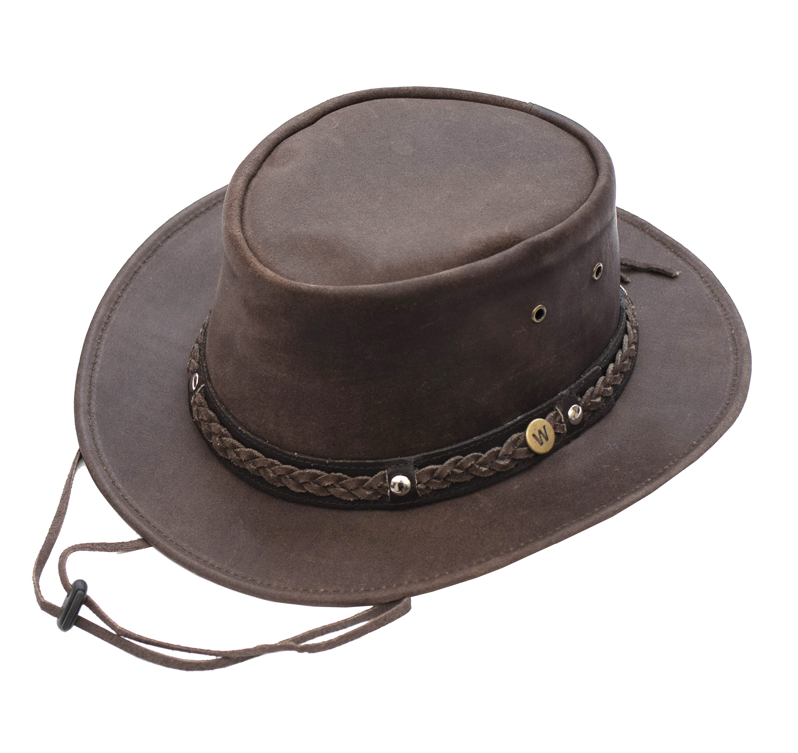 Wombat Leather Unisex Brown Wombat Australian Leather Hat, Men’s Cowboy Hats With Chin Strap Women’s Bush Aussie Adventure Safari Adventure Outback Outdoor The Prospector - Large