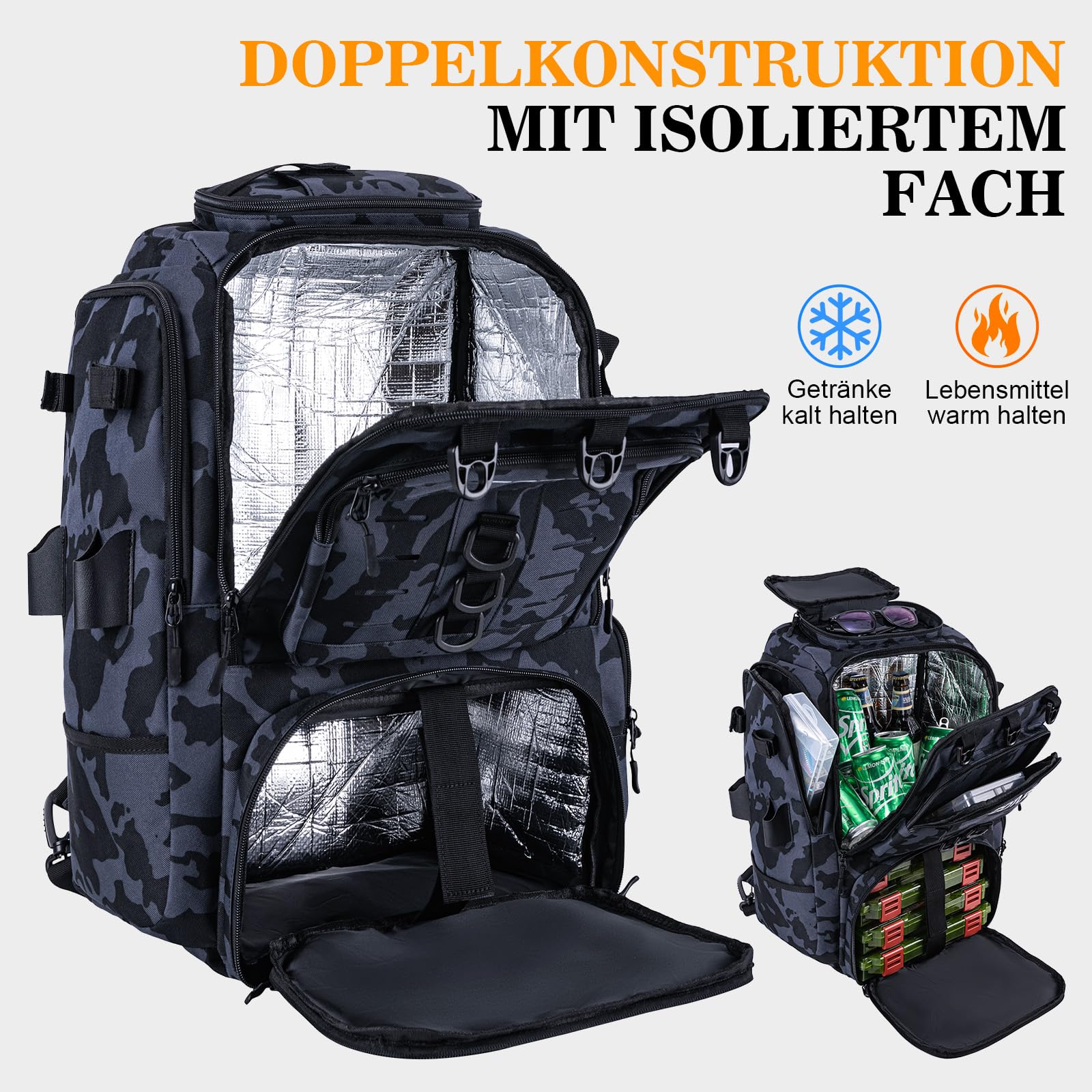 Goture Angelrucksack mit Kühltasche, 40-Liter Angelzubehör-Rucksack mit Zwei Rutenhaltern, 900D Oxford-Gewebe Wasserabweisende Angelgerätetasche mit verstellbarem Fach