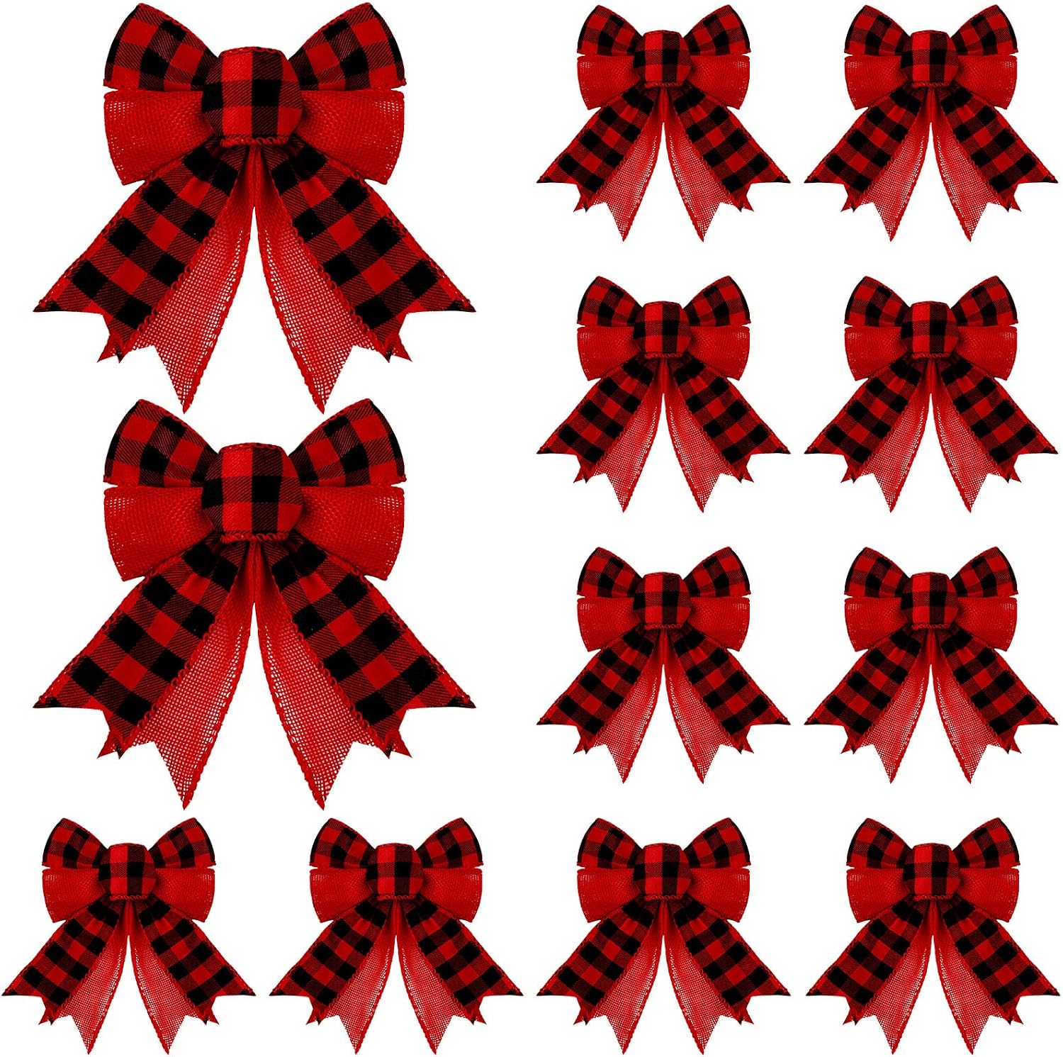 MTLEE 12 Pieces Christmas Burlap Bows Rustic Crafts Wreath Bow Xmas Holiday Decor Ornaments for Christmas Tree Crafts Home Wedding Birthday Decoration 5 x 7 Inch(Black White Plaid)