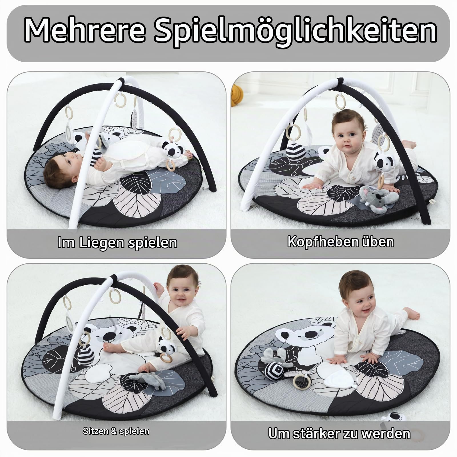 4 IN 1 Spielbogen Baby, Schwarz und weiß Spielmatte Babies mit 5 abnehmbaren Spielzeugen zum Greifen, für 0-3-6-12-36 Monaten