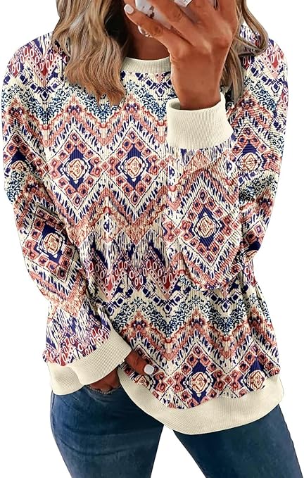 KISSMODA Women's Casual Long Sleeve Sweatshirt Color Block/Solid Crewneck Corduroy Pullover Cute Tops