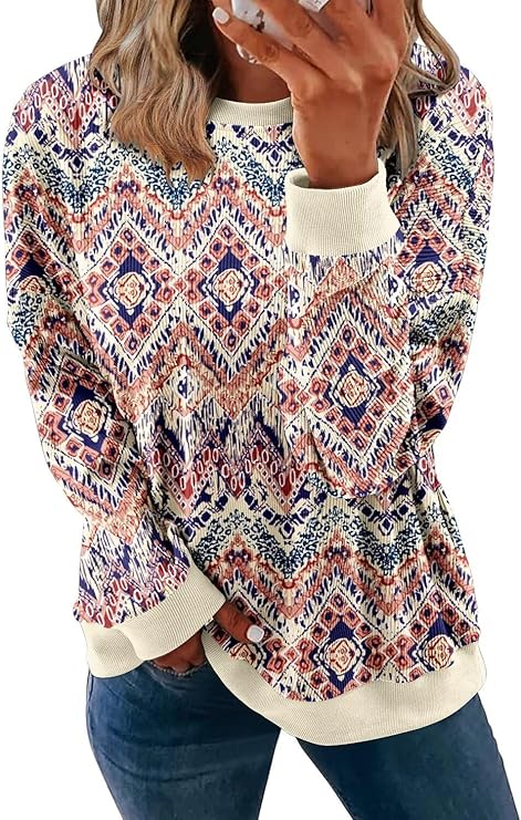 KISSMODA Women's Casual Long Sleeve Sweatshirt Color Block/Solid Crewneck Corduroy Pullover Cute Tops
