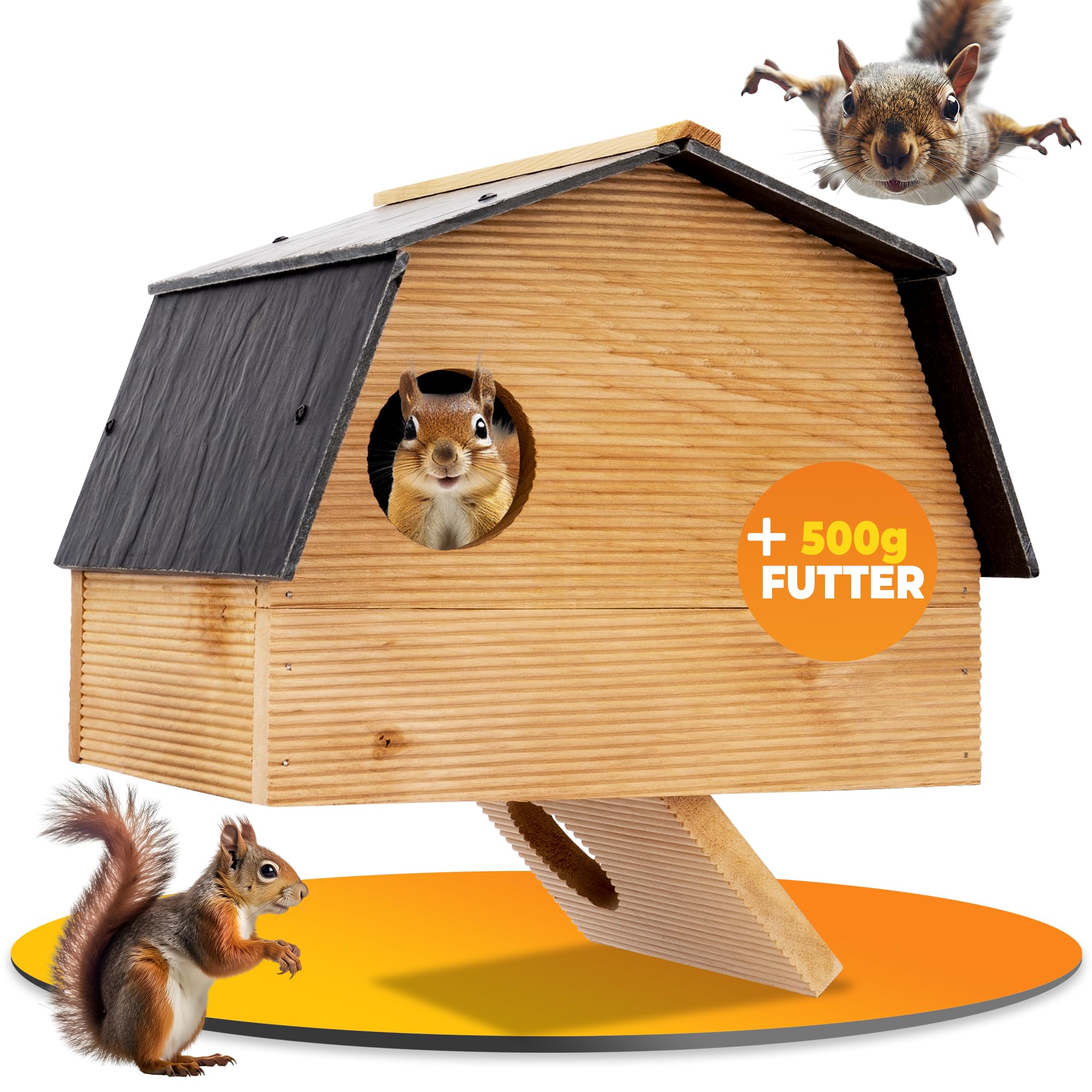 STAHLMANN® XXL Eichhörnchen Futterhaus [inkl. 500 g Eichhörnchenfutter] - Futterstelle zum Aufhängen [AUS WETTERFESTEM KIEFERNHOLZ] - Futterbox für Eichhörnchen und ihre Jungtiere