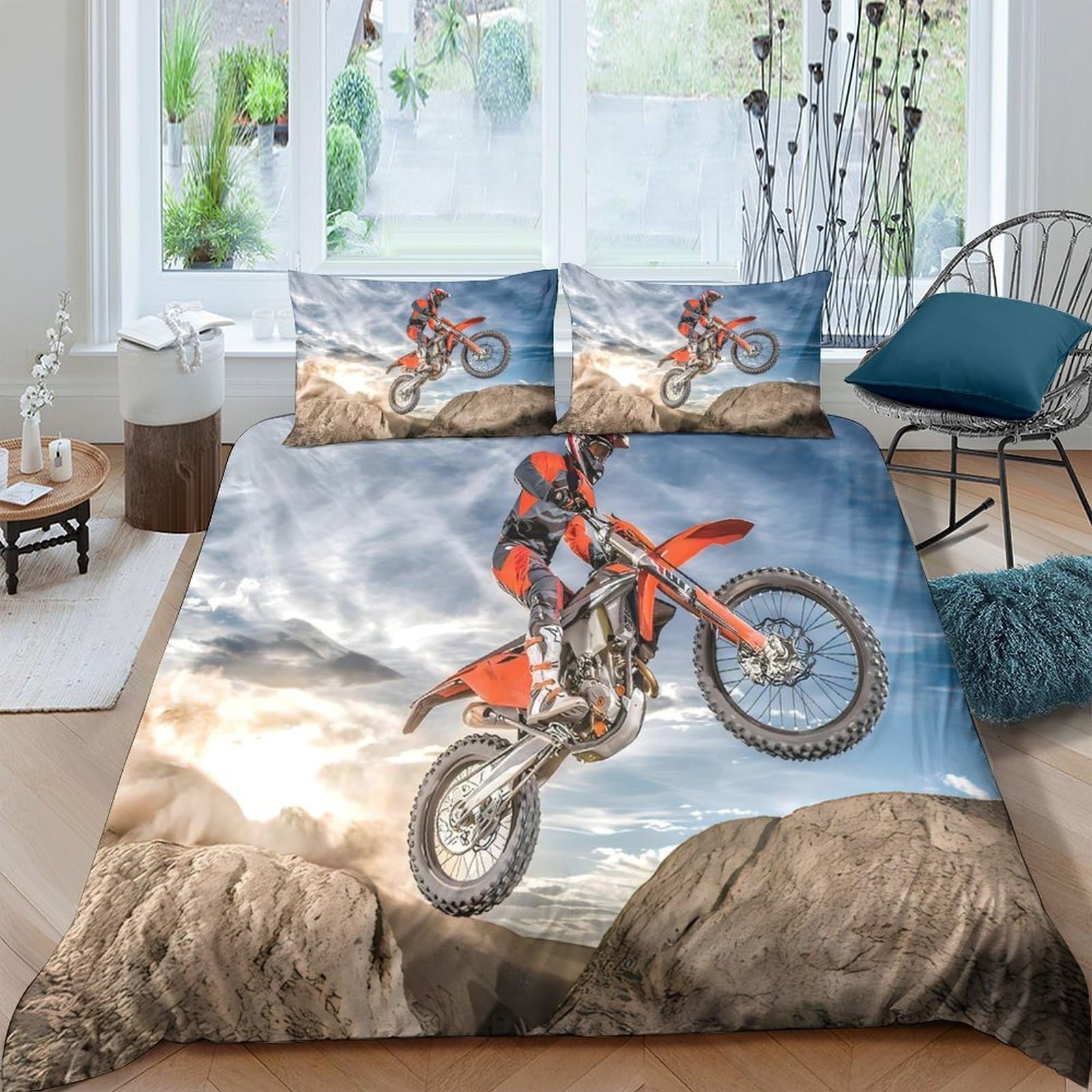 P5V6M1Q9 3D Printed Dirt Bike Adventure Duvet Cover Microfiber Soft Breathable Mountain Motocross Bedding Set with 2 Pillowcases for Bedroom Decor Single（135x200cm）