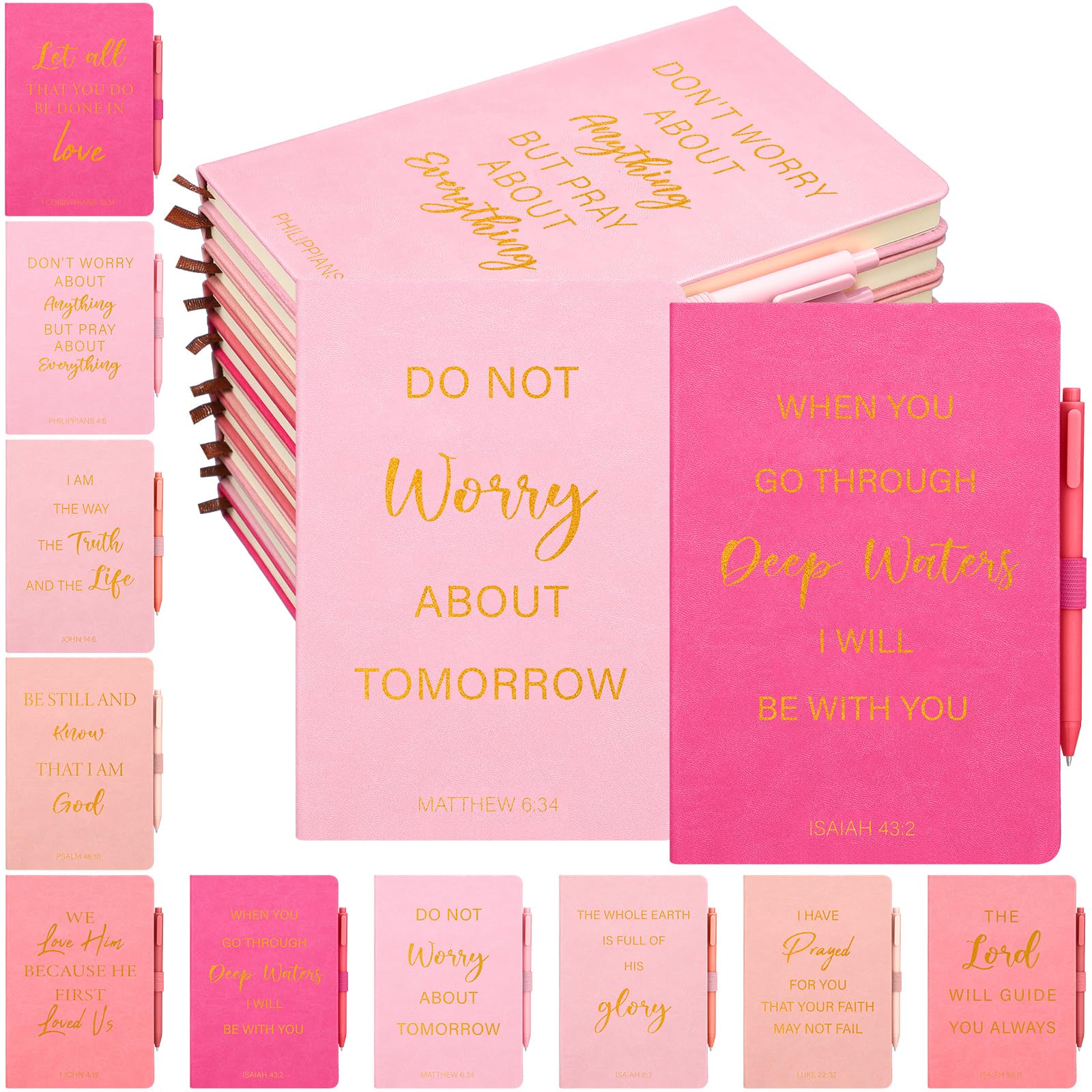 Thenshop 20 Pcs Christian Gifts Bulk 10Pcs Pink Red Leather Christian Journals for Women Bible Leather Notebooks with 10Pcs Bright Pens Inspirational A5 Prayer Journals for Women Church Gifts