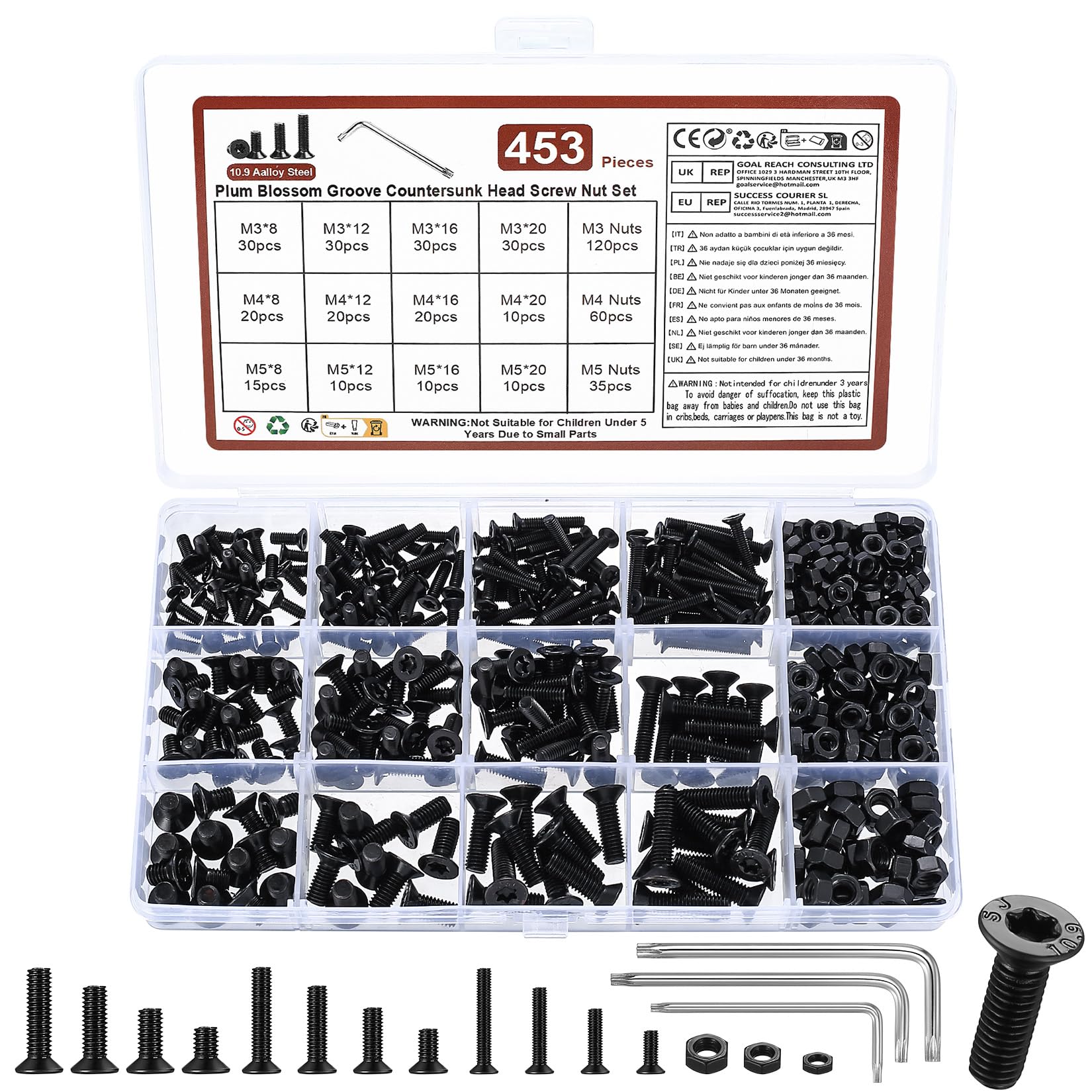 FandWay 900 Stuks Torx Schroeven Set – M2, M2.5, M3, Met Moeren En Ringen, Zwart Gelakt, 10.9 Gelegeerd Staal, Inclusief T6/T8/T10 Bits