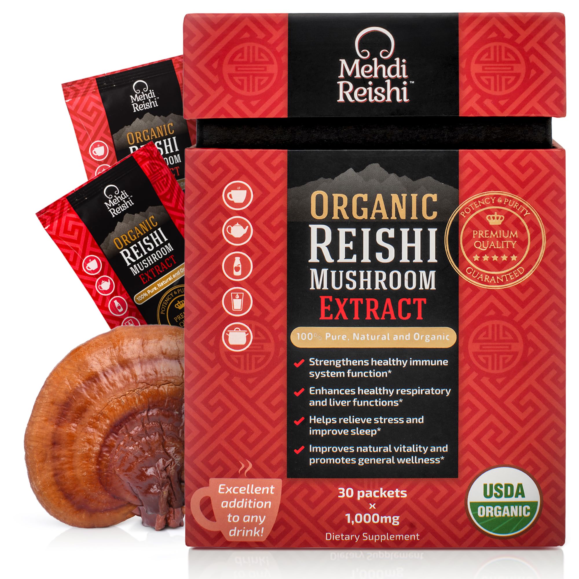 Organic Reishi Mushroom Extract Fruiting-Body Powder 35% Beta Glucan – 100% Pure, Premium and Organic –30 Servings–Ganoderma Lucidum, Lingzhi, Tea