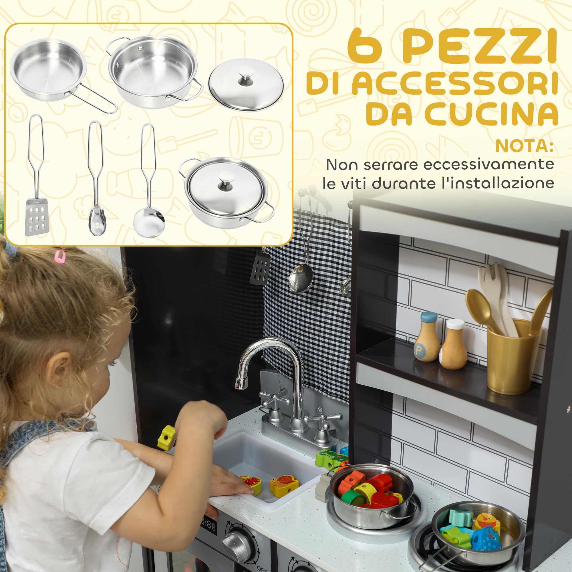 AIYAPLAY Cucina Giocattolo per Bambini, Cucina Legno per Bambini, Cucinetta Giocattoli con Fornelli, Microonde, Armadietti, Lavandino, Pentole, Accessori in Acciaio Inox, 3-8 Anni, 81x27x80cm, Marrone
