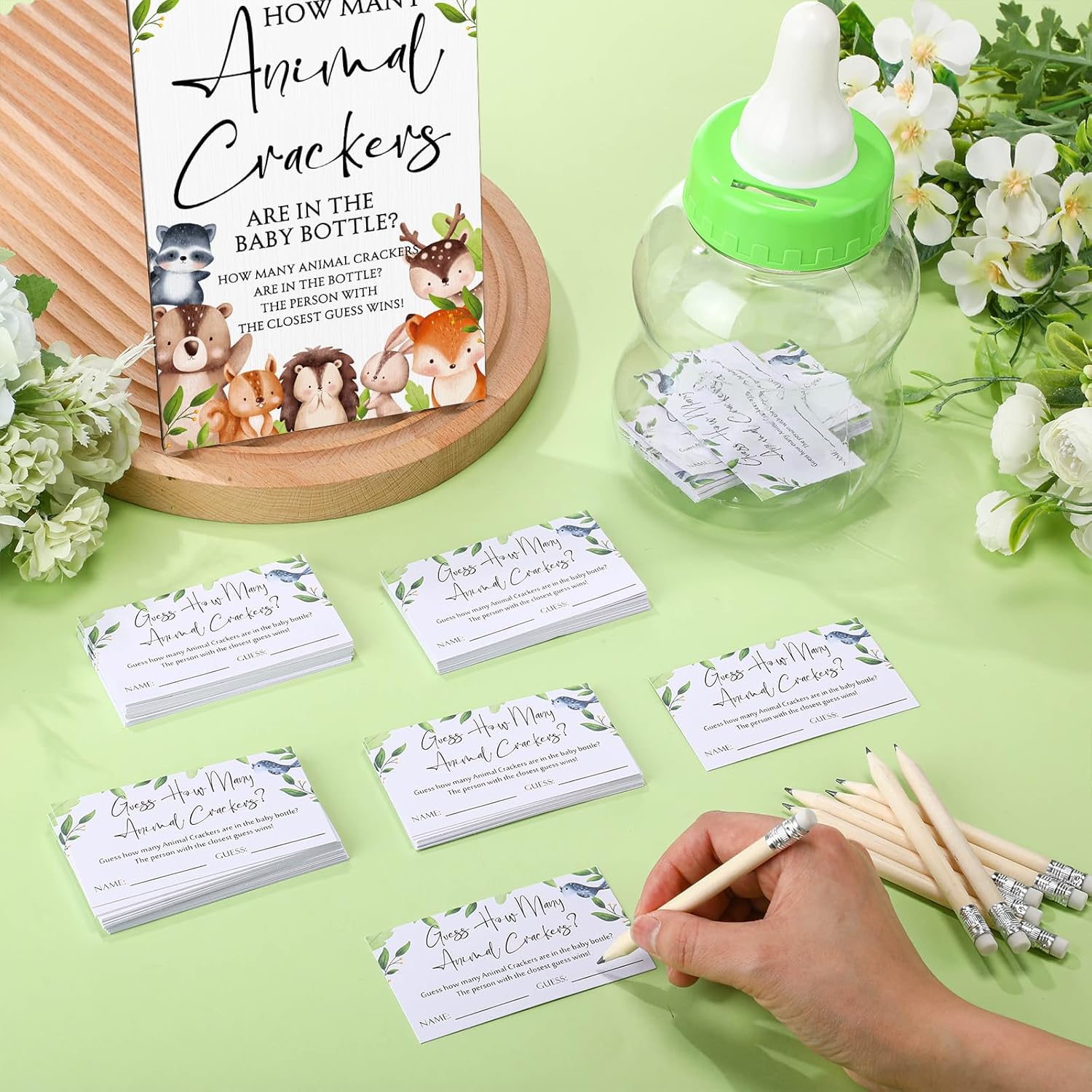 Dandat 122 Pcs Baby Shower bottle Games Guess How Many Animal Crackers Watercolor Woodland Sign 100 Guessing Cards Milk Bottle 20 Pencils for Guests Birthday Baby Shower Gender Reveal Funny Party