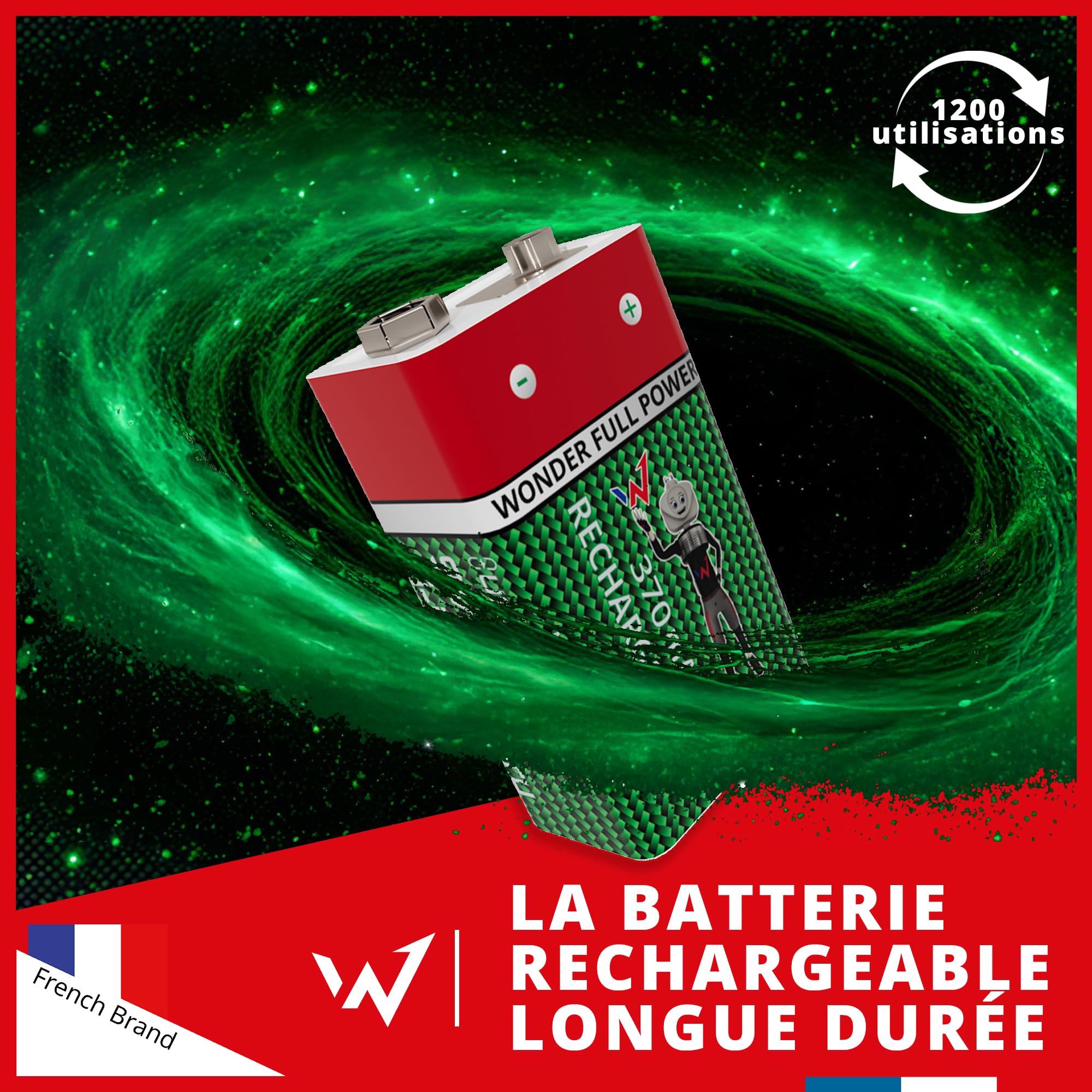 Wonder Full Energy – Piles Rechargeables 9V / 6LR61 – Pack de 2 – 370mAh, 3600mWh – Câble USB-C Inclus – Lithium-ION – Jusqu’à 1000 Cycles – Idéales pour Détecteurs de Fumée, Multimètres, Jouets