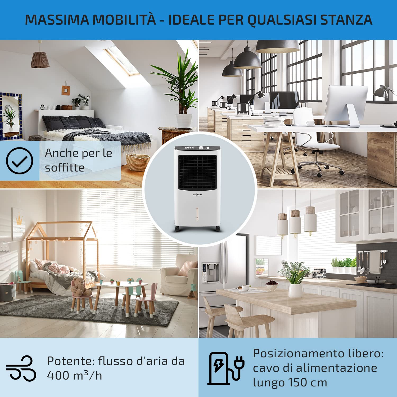 OneConcept Condizionatore Portatile Senza Tubo 65W 3 in 1, Umidificatore, Climatizzatore Portatile Silenzioso, Ventilatore Aria Fredda, Raffrescatore d’Aria 360m³/h, Serbatoio da 7L, Timer 2 Ore
