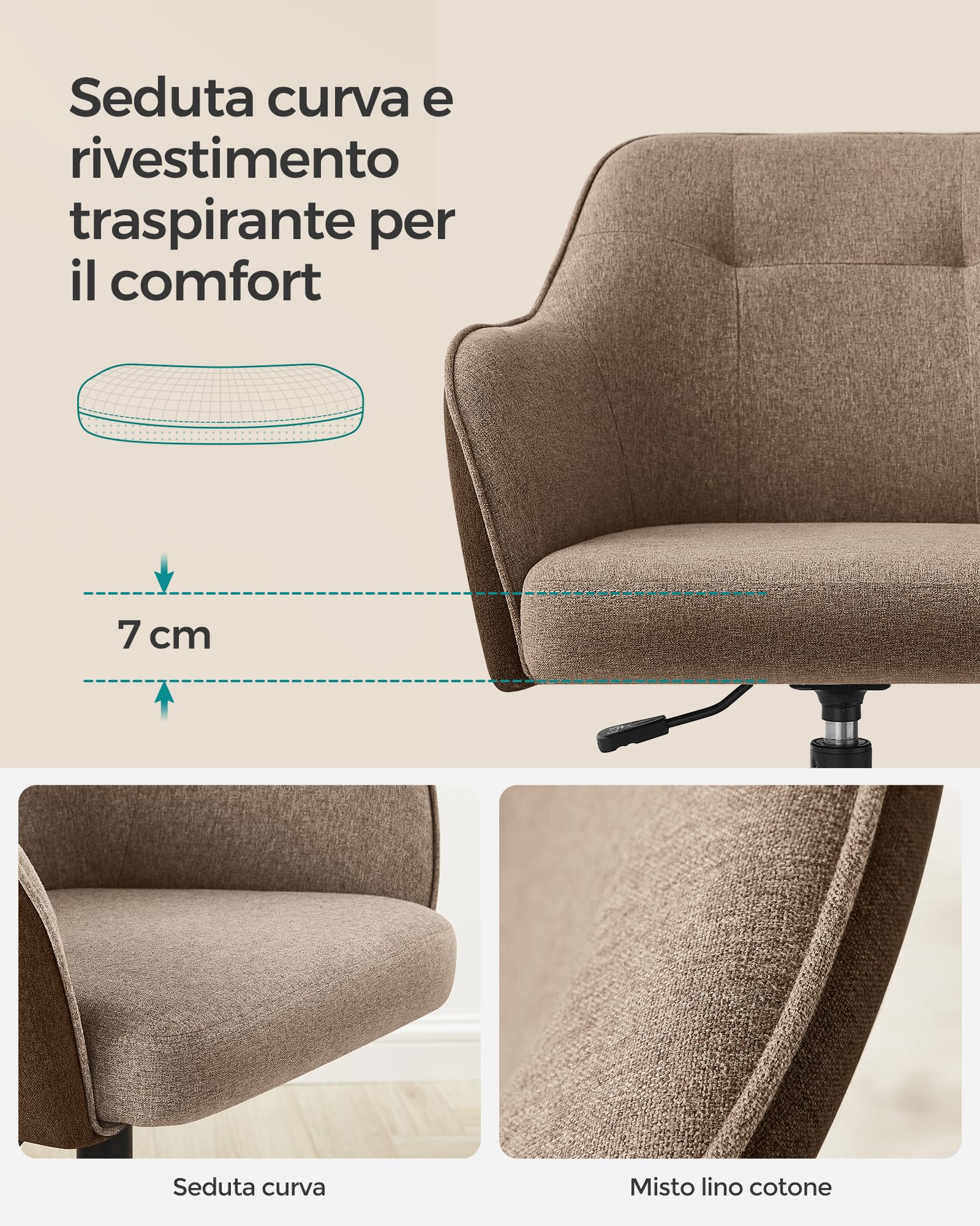 SONGMICS Sedia da Studio in Casa, Sedia Girevole, Regolabile in Altezza, Portante di 110 kg, Struttura in acciaio, Tessuto Cotone-lino Respirante, Studio, Camera da Letto, Marrone OBG019K01
