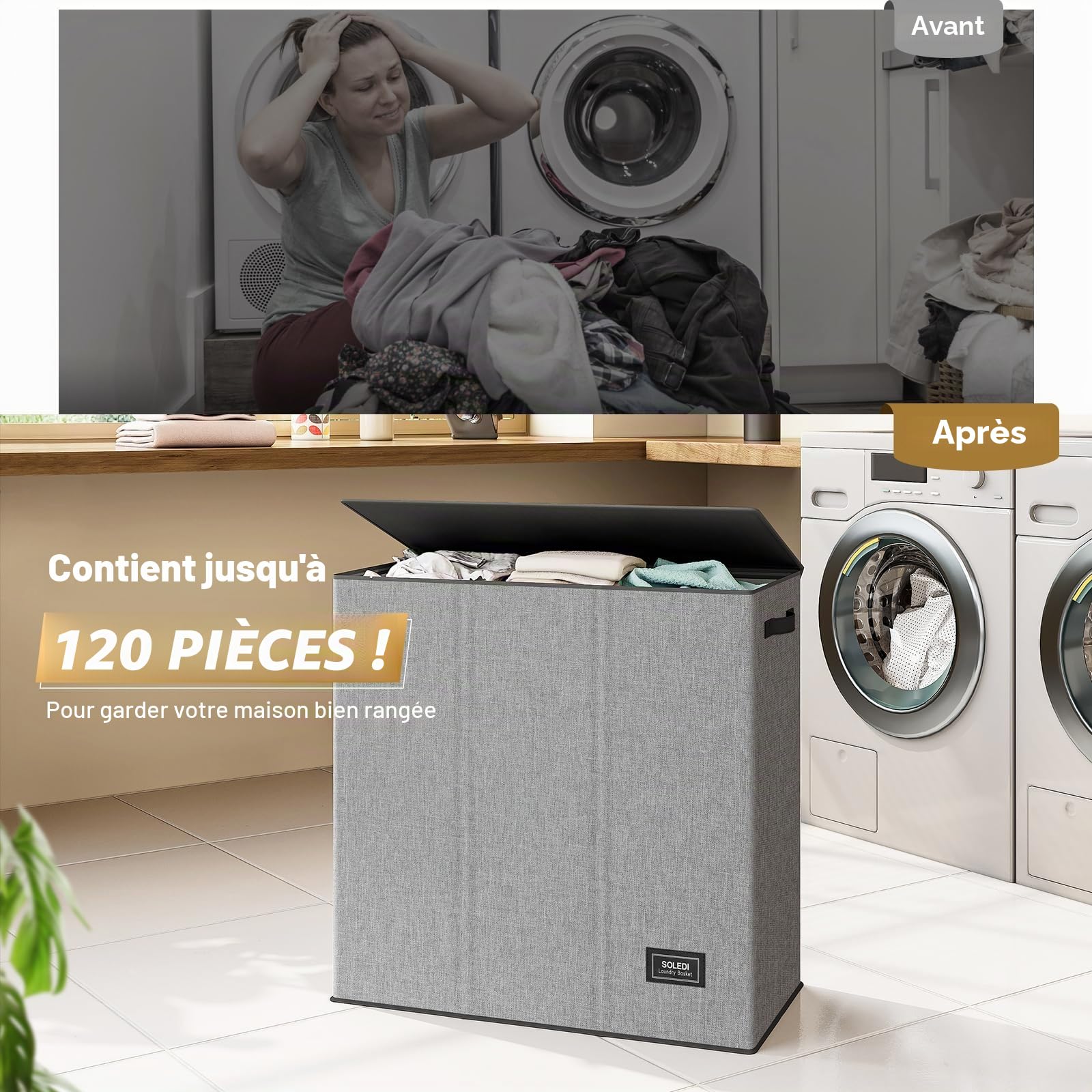 SOLEDI Panier a Linge avec Couvercle, Panier à Linge 3 Compartiment, 160L Corbeille a Linge, Paniere a Linge Sale pour Récupérer le Linge et Faire le Tri, Bac a Linge pour Buanderie, Gris