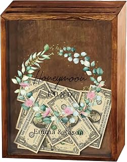 Personalized Names World Map Honeymoon Fund Shadow Box, Travel Wooden Memory Box with Slot, Adventure Archive Keepsake Frame, Bridal Shower Reception Party Gifts for Wedding Newlyweds