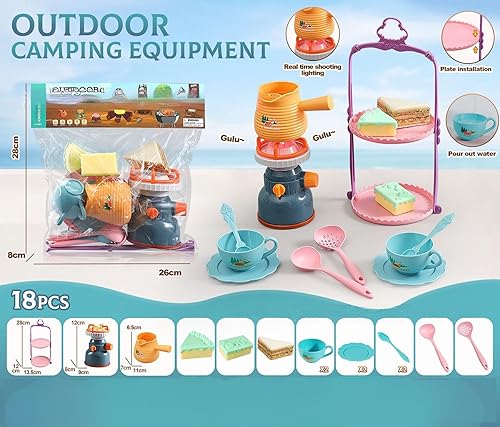 Miniatura 2 de Juego de 18 piezas para acampar al aire libre, juego interactivo de cocina para niños, juego de cocina con luces y sonidos, juego de té, soporte de