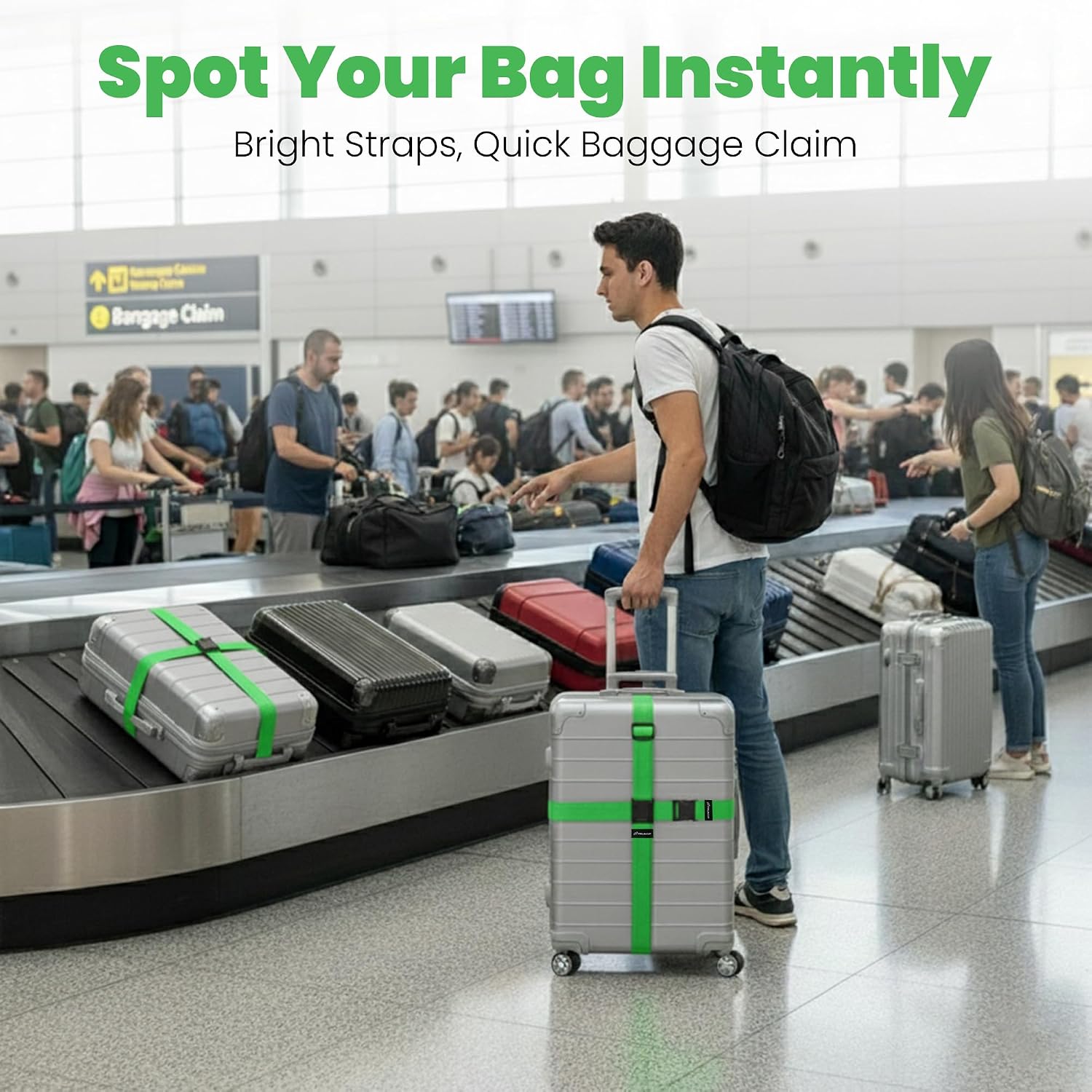 Luggage Straps for Suitcases, Adjustable Travel Suitcase Belts with Buckle Closure, Designed for Carry-On and Checked Luggage, Reusable Travel Accessory, Green - Pack of 4