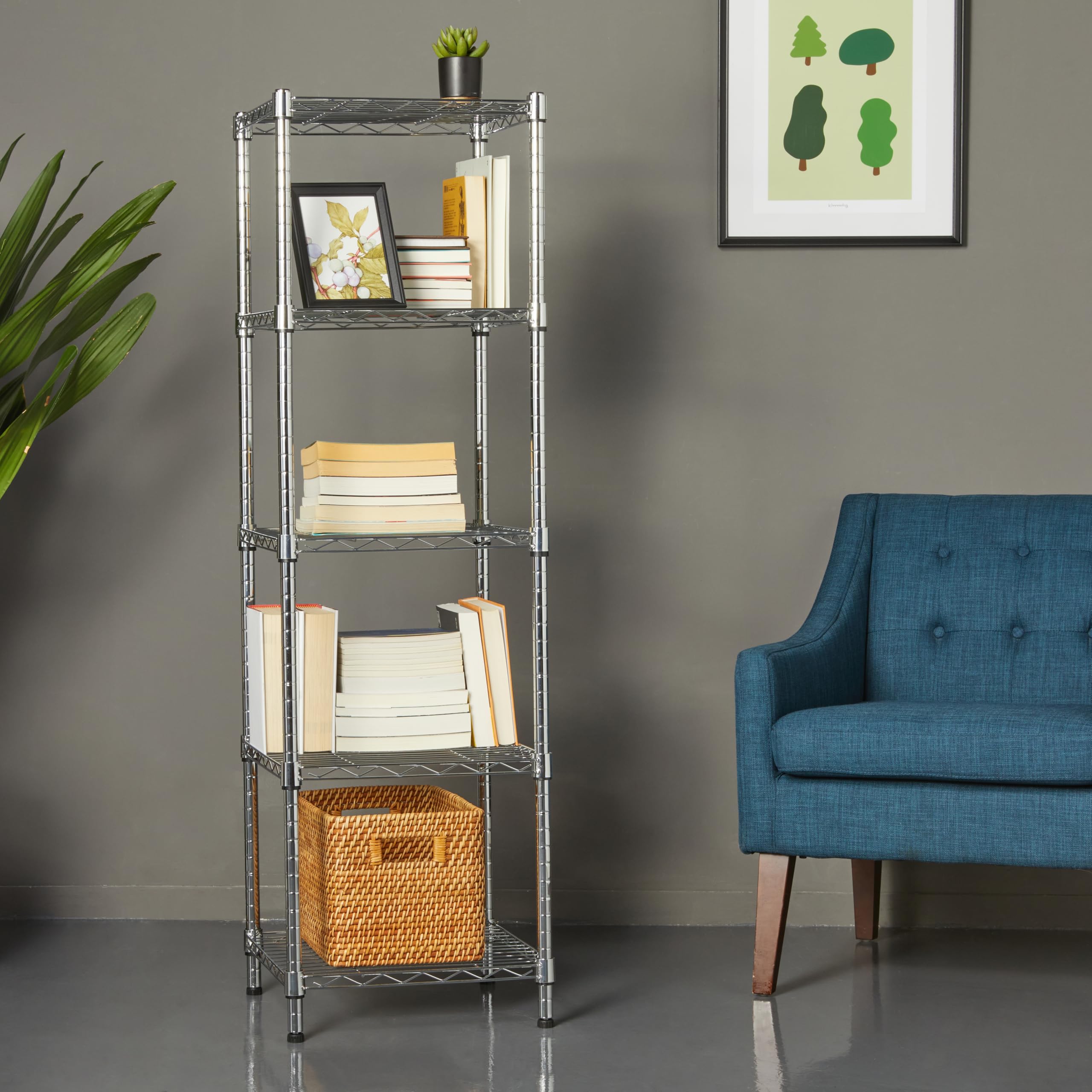 Amazon Basics Verstellbares Turmregal mit 5 Regalböden, Lagereinheit, Chrom, 40.6 x 40.6 x 137.2 cm (T x B x H)