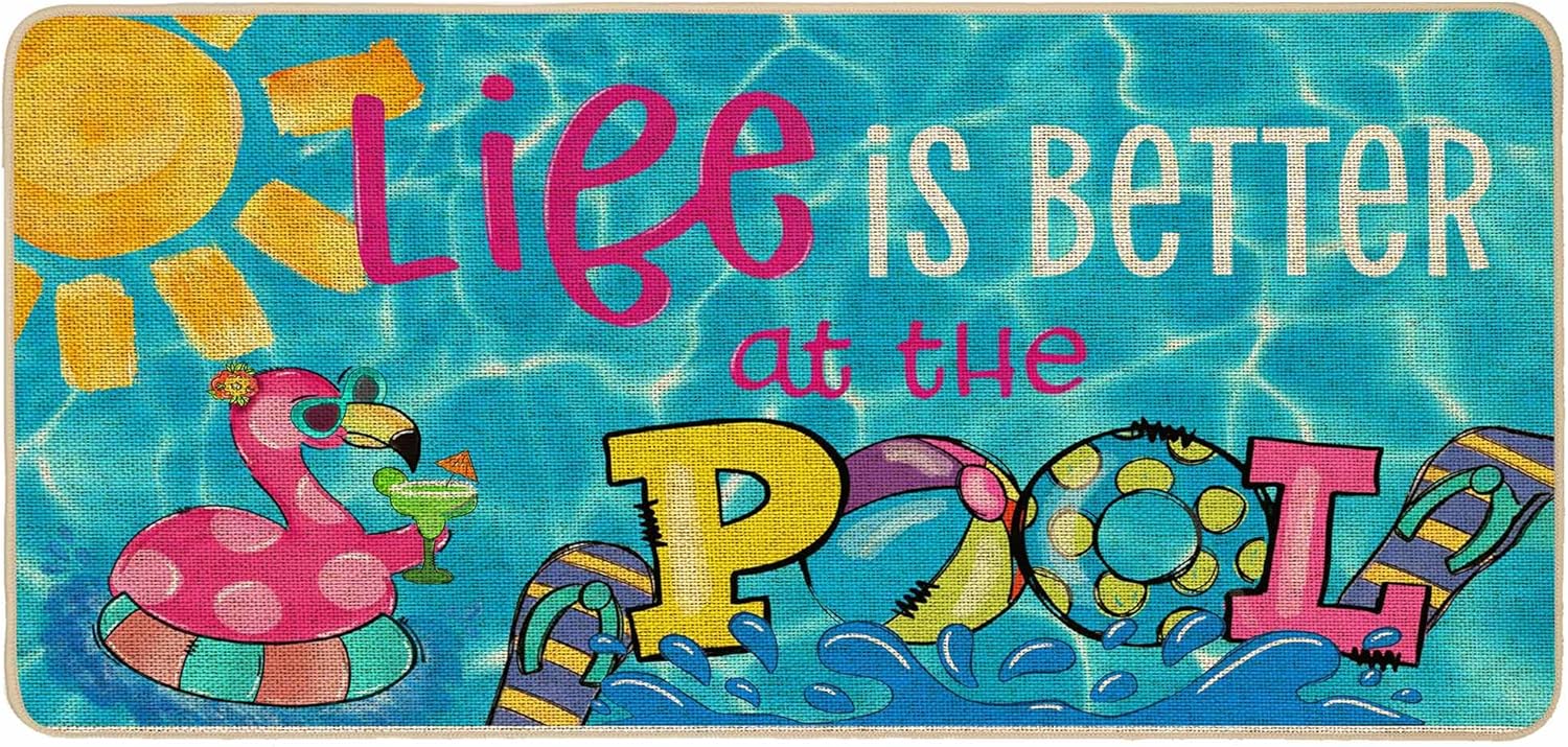 Baccessor Summer Pool Doormat 17x36 Inch, Poolside Tropical Flamingo Non-Slip Low Profile Door Mat Non-Slip Rubber Backing for Floor Entrance Seasonal Outside Patio Porch Outside Home Decor