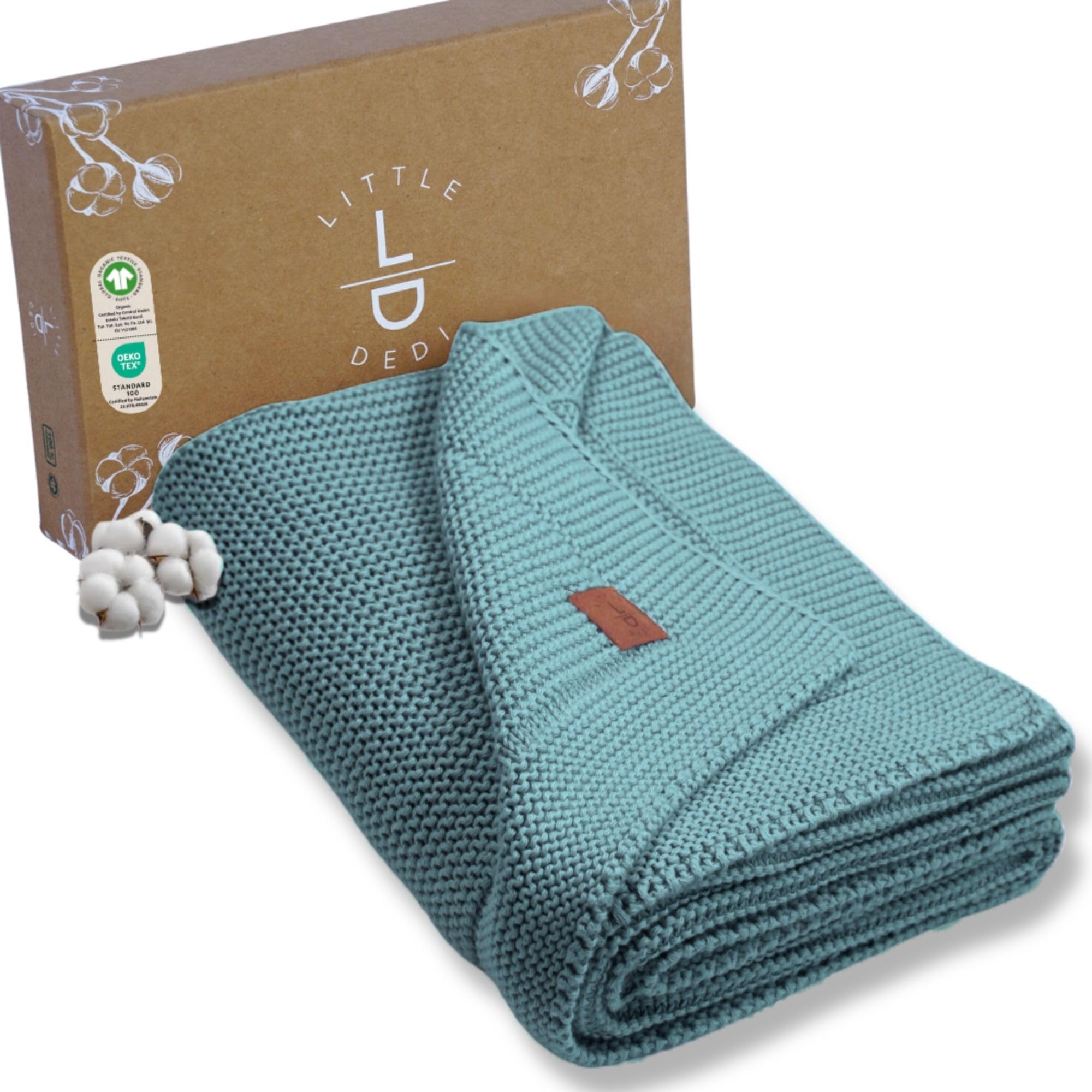 Manta de punto para bebé Little Dedi 100% algodón orgánico con caja de regalo, suave, para cuna, cochecito, manta neutra para envolver y recibir a recién nacidos, 30 x 40 cm, azul humo