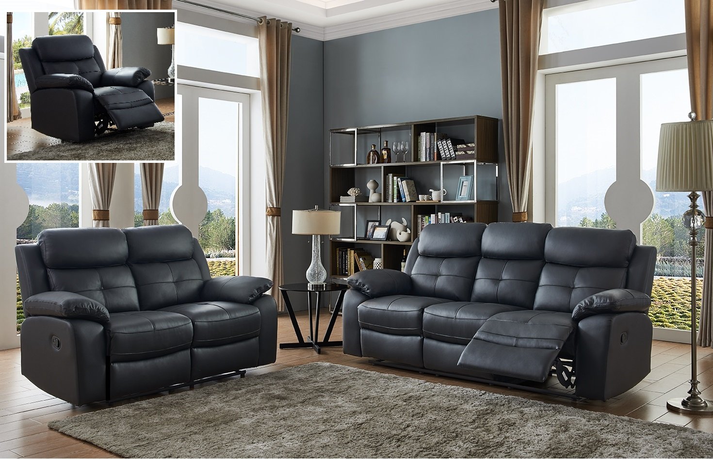 Black Leather Manual Reclining 3 Seater Sofa + 2 Seater + Leather Manual Recliner Armchair Suite CHICGO (3+2+1)