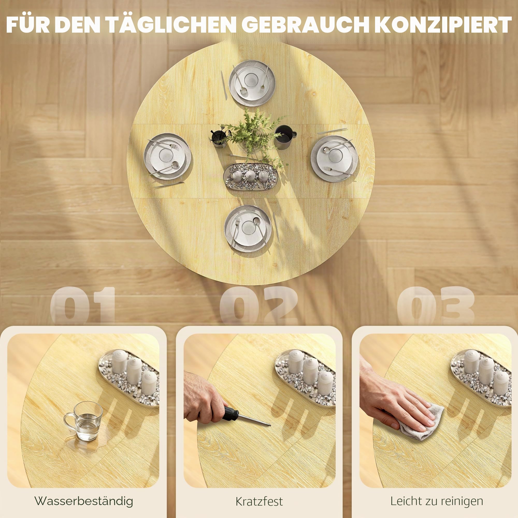 HOMCOM Klappbarer Esstisch auf Rädern Rund 100 x 100 x 75 cm Eiche