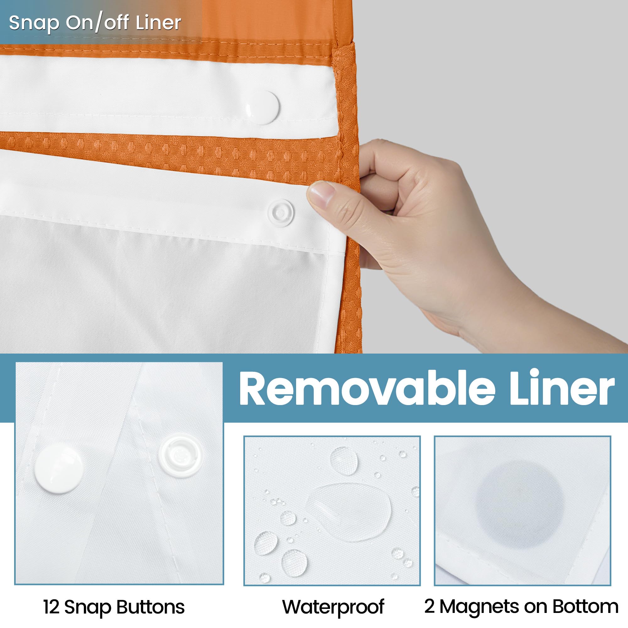 EUTXL Rideau de Douche sans Crochet avec Doublure à Clipser – 230 g/m² – Rideau de Douche à Tissage gaufré pour Salle de Bain – Orange brûlé – 180 x 188 cm (l x H)