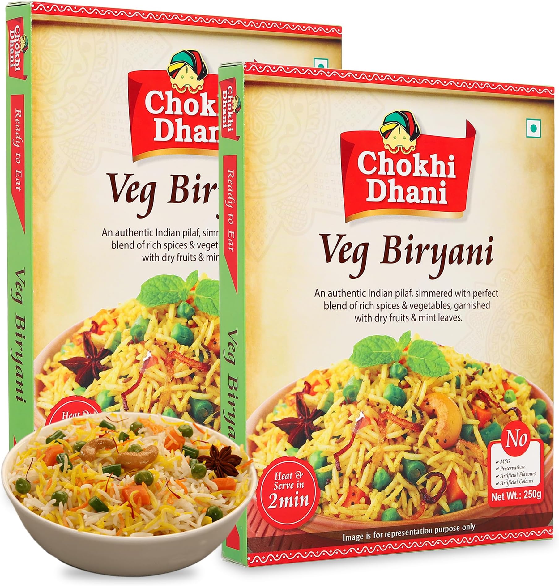 Chokhi Dhani Ready to Eat Veg Biryani, Just Heat and Eat, Microwavable, (Pack of 2, 250g each)