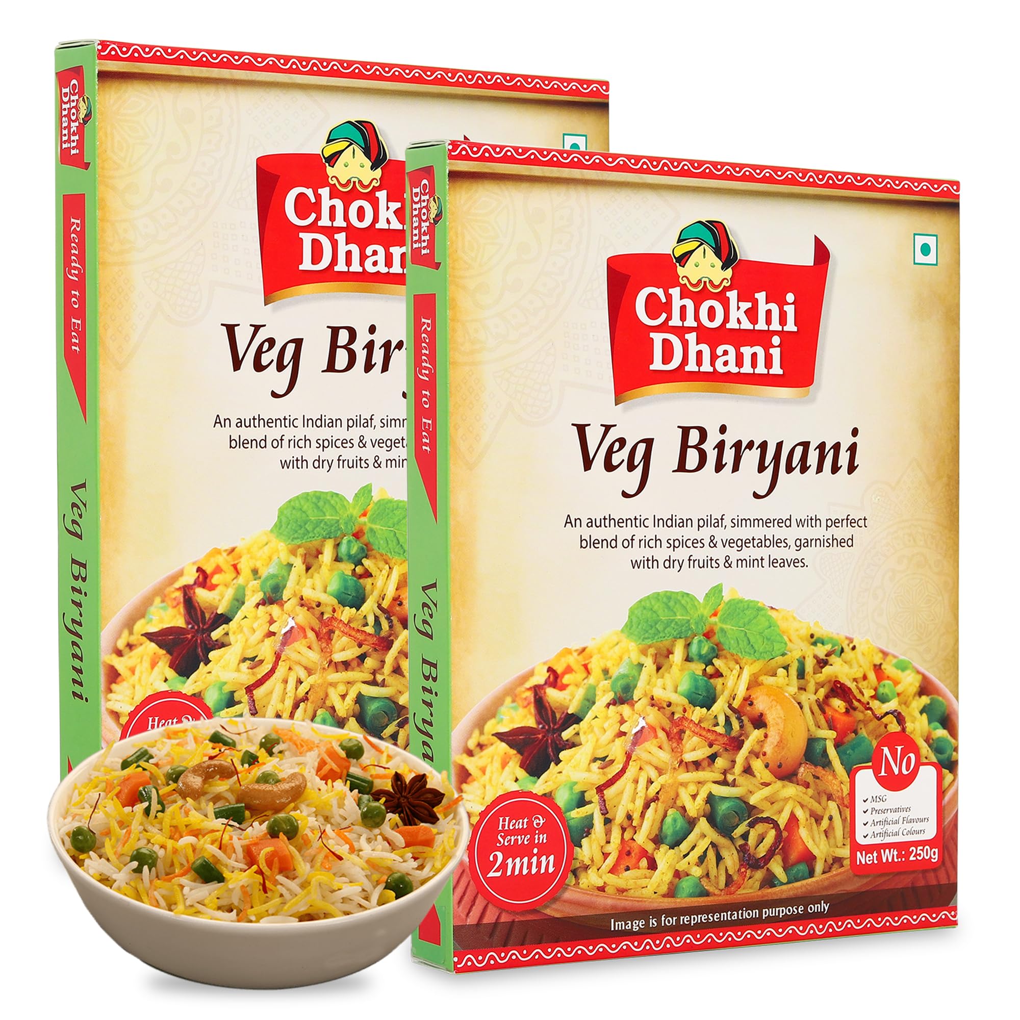 Chokhi Dhani Veg Biryani | Ready to Eat Meals | Just Heat & Eat | Microwave | Stove Top or Hot Water | Ready in 2 Minutes | Pack of 2, 250 gm
