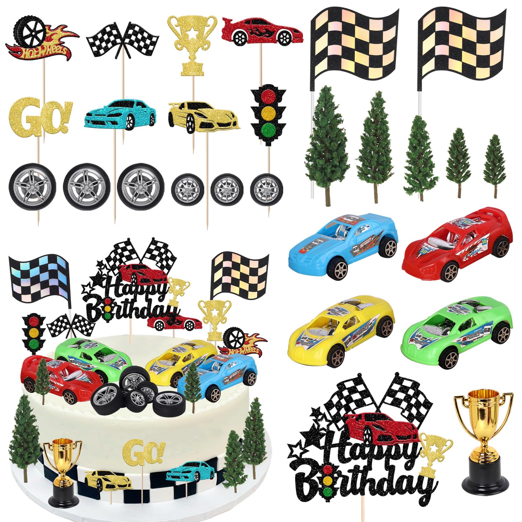 Xsstarmi Racing Car Cake Topper Decorations with Flag Trophy Car Cake Pick for Racing Theme Baby Shower Boy's Kids Birthday Party DIY Cake Decorations Supplies