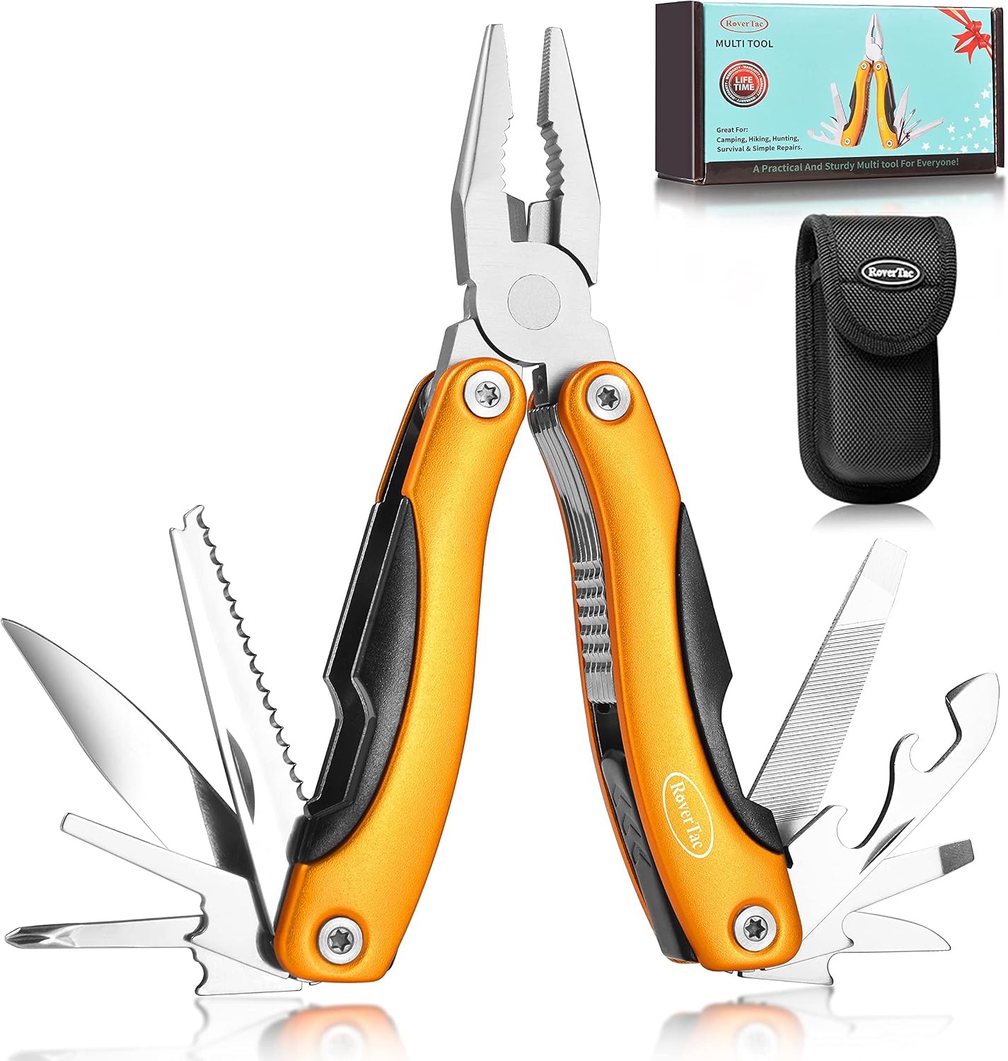 RoverTac Multitool Pliers Knife Christmas Gifts for Men Dad Him Birthday Gifts for Dad 14-in-1 Multi Tools Knife Saw Screwdriver Bottle Opener Durable Sheath Perfect for Camping Fishing Hiking EDC