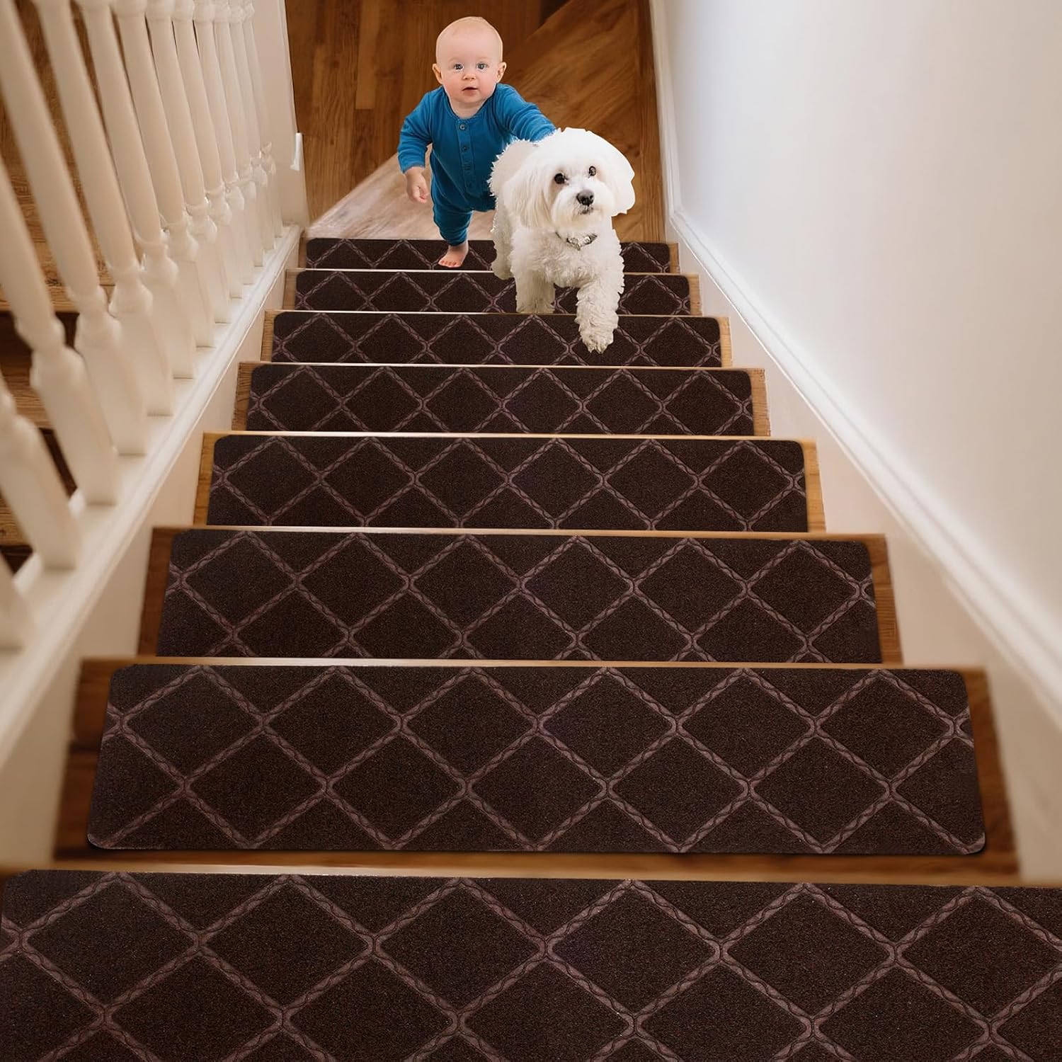 15 Pack Stair Treads for Wooden Steps Indoor, 8" X 30" Carpet Stair Treads Non Slips, Reusable Adhesive Staircase Step Treads Pads for Kids Elders & Pets(Dark Brown)