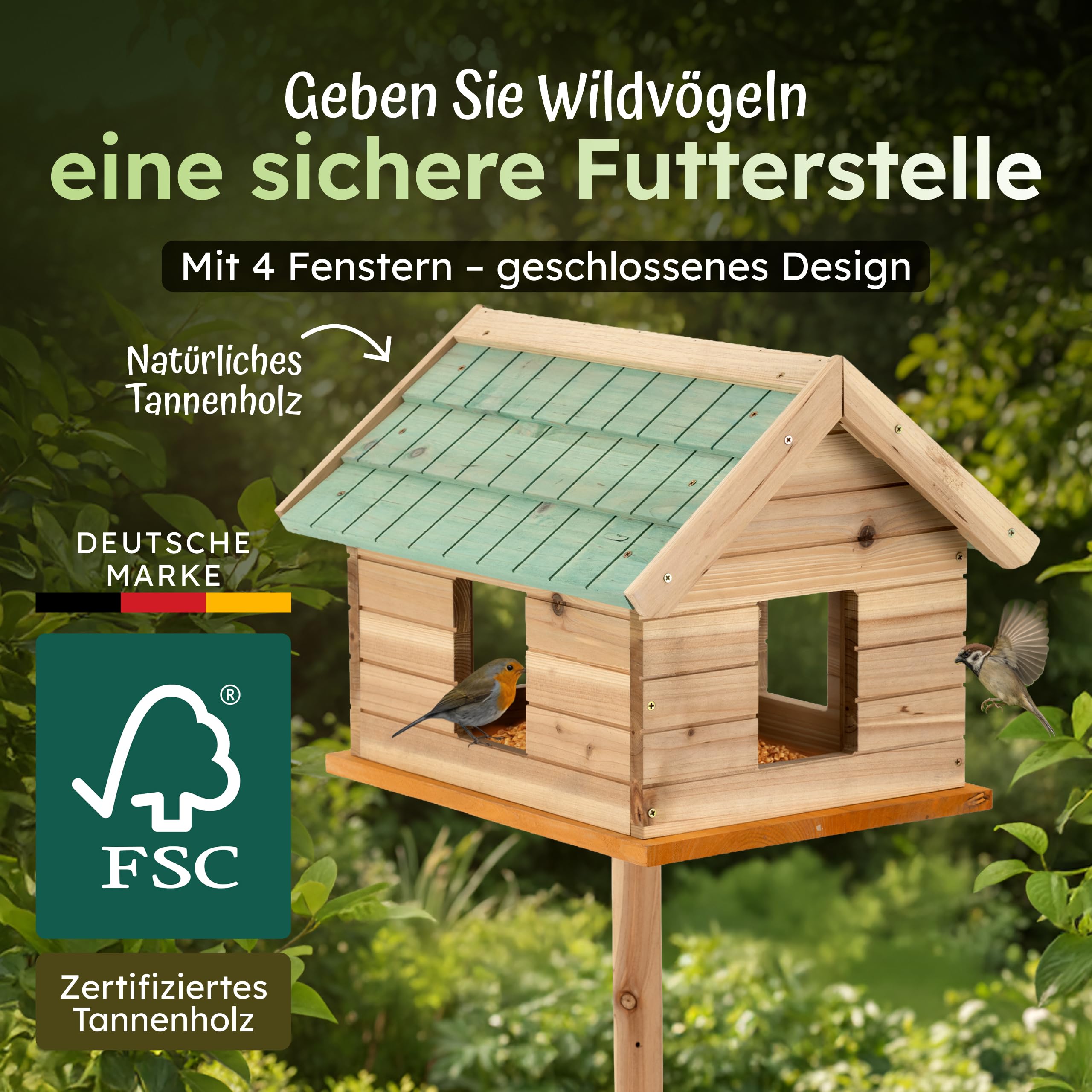 Moorland Vogelhaus mit Ständer & Fenster aus FSC® Tannenholz ganzjährig | 135cm hoch grünes Schindeldach geschlossenes Vogelfutterhaus wetterfestes Futterhäuschen für Vögel Ganzjähriges grünem VH2