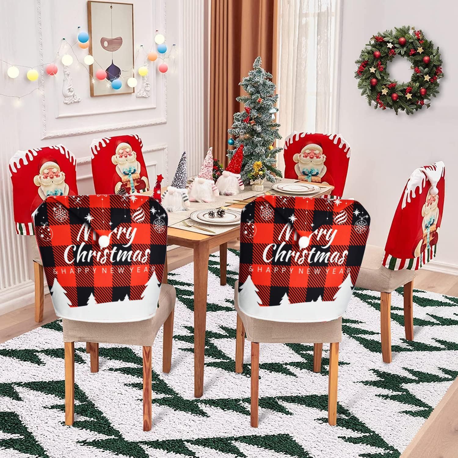 Haundry Christmas Chair Back Covers Dining Chair Slipcovers Set of 4 with 3D Santa Snow Plush Christmas Chair Seat Covers Protector for Xmas Kitchen Home Decor, 50 x 60 cm, Red + Green