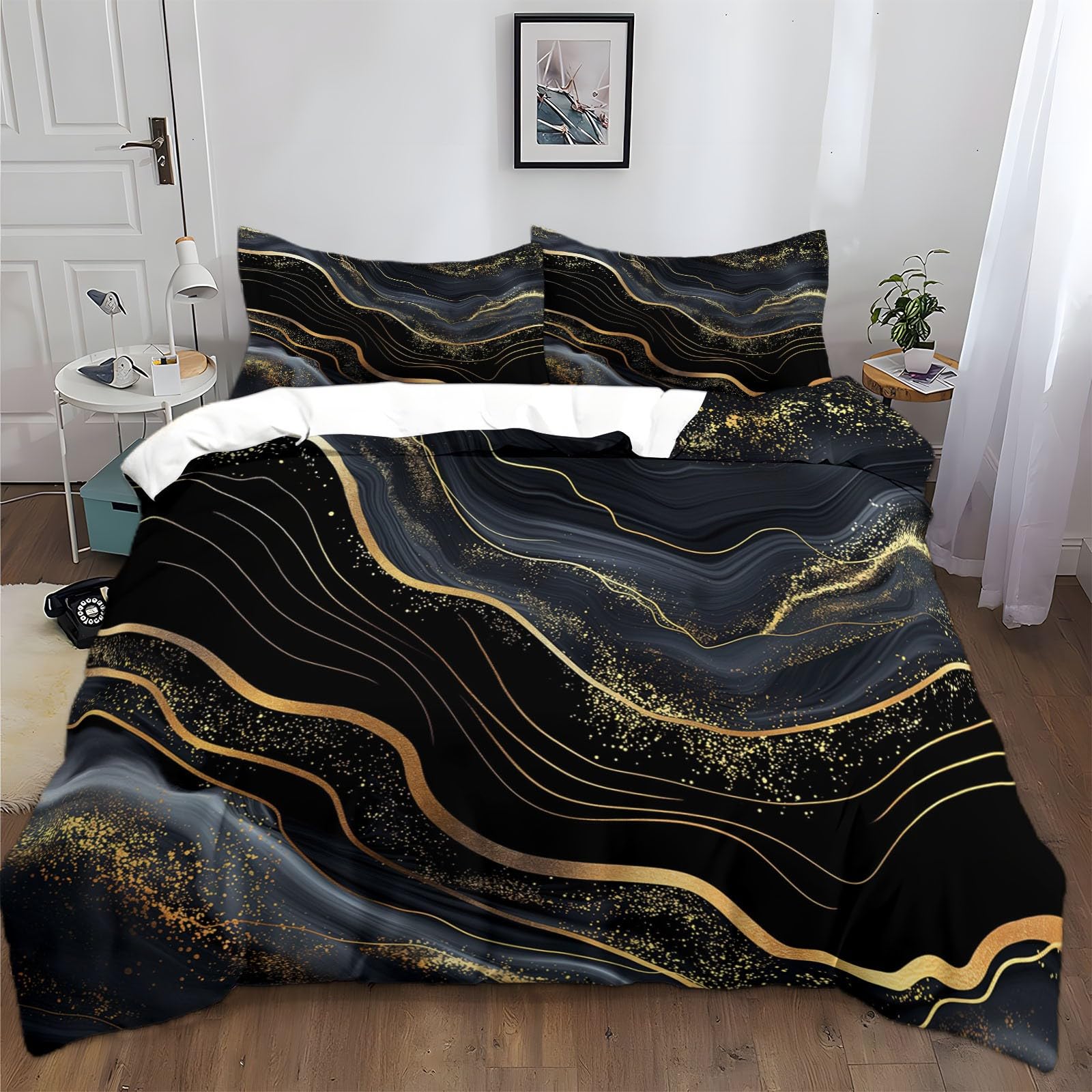 Housse de couette 220x240 cm marbre noir et or avec 2 taies d'oreiller pour lit 2 personnes