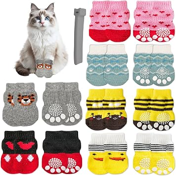 24 Pcs Cat Mittens to Prevent Scratching,Cat Socks for Cats with Adhesive Tabs,Cute Patterned Cats Booties Dog Booties to Prevent Scratching Grooming Bathing