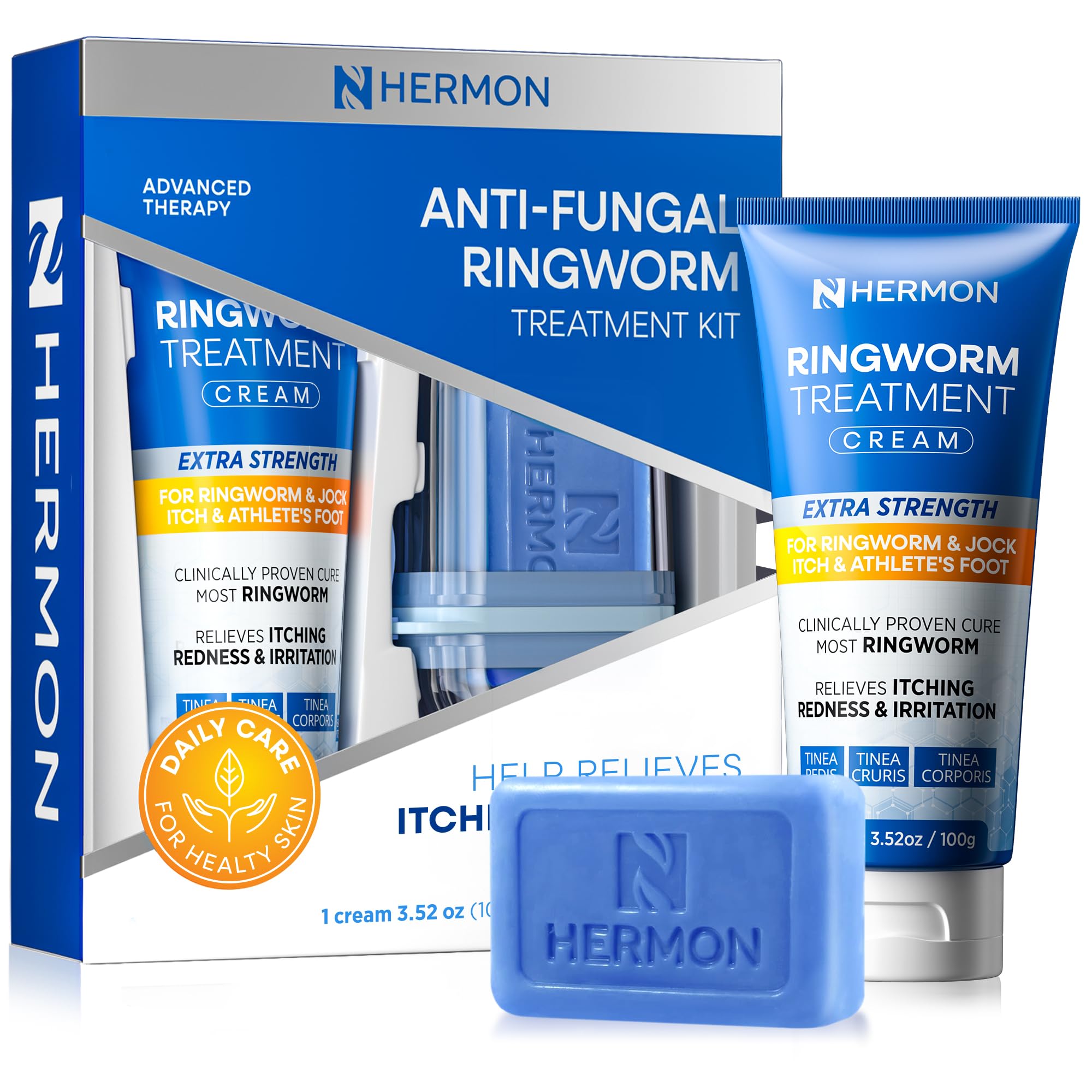 Hermon Ringworm Treatment Antifungal Kit for Humans – 2-Step Cream (3.52 oz) & Antifungal Soap Bar (4 oz) – Helps Relieve Ringworm, Athlete’s Foot, Jock Itch & Tinea – for Adults & Kids