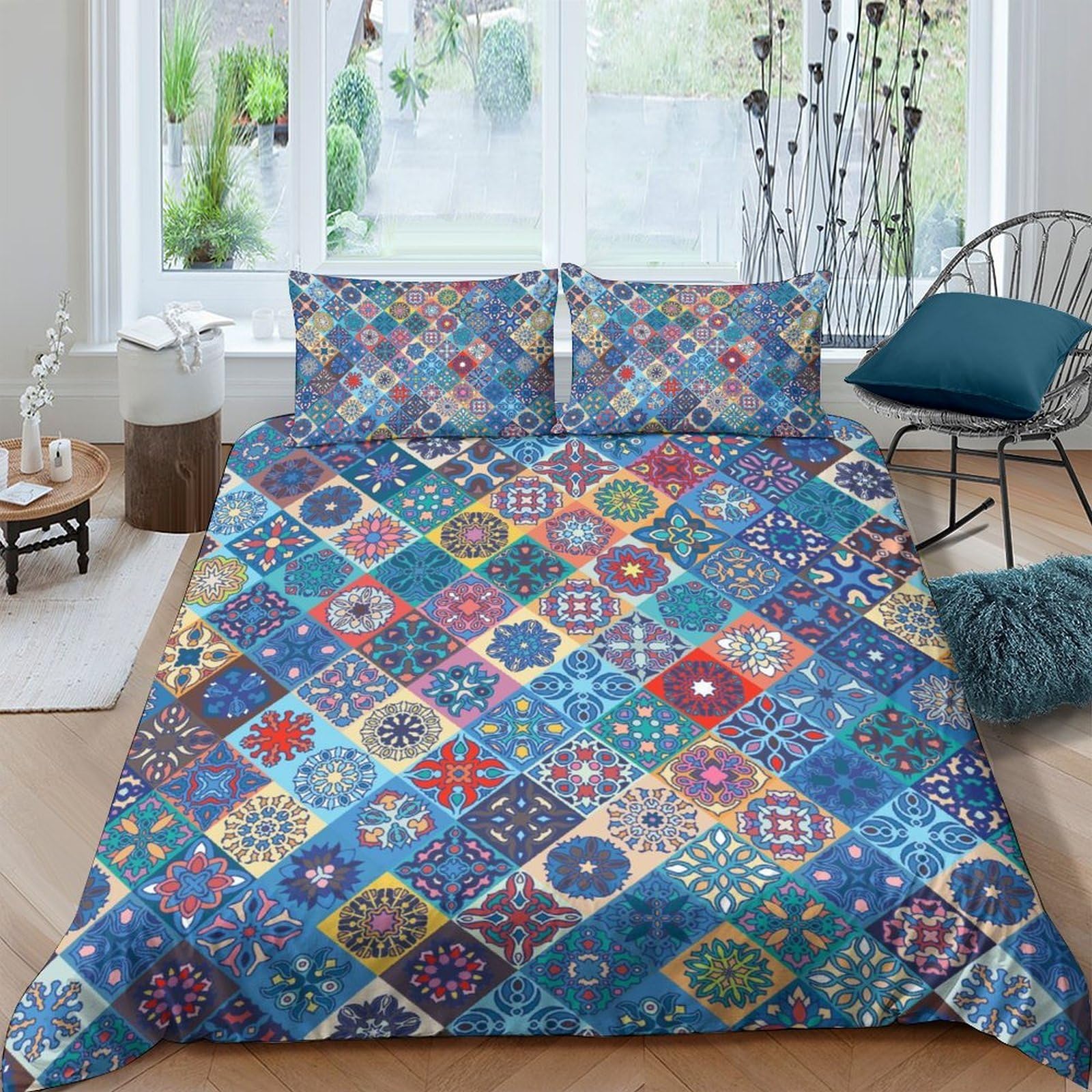 Ctjqhvkz Style-2 3D Printed Boho Mosaic Fitted Sheet Microfiber Soft Blue Patchwork Mattress Cover For Bedroom Dorm Decor Single（135X200cm）