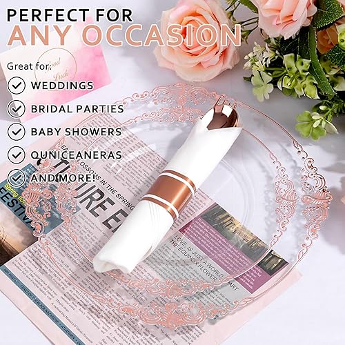 Miniatura 6 de Juego de 400 cubiertos de plástico de oro rosa preenrollado, cubiertos de oro rosa resistente, incluye 100 utensilios desechables envueltos con