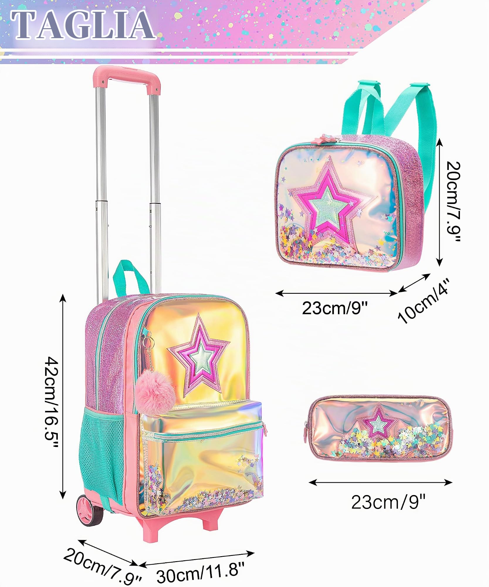 HTgroce Zaino Scuola Trolley Elementare Carrello Zaino Scuola，Trolley Scuola con Borsa per il Pranzo & Penna Astuccio H42xL30xH10cm