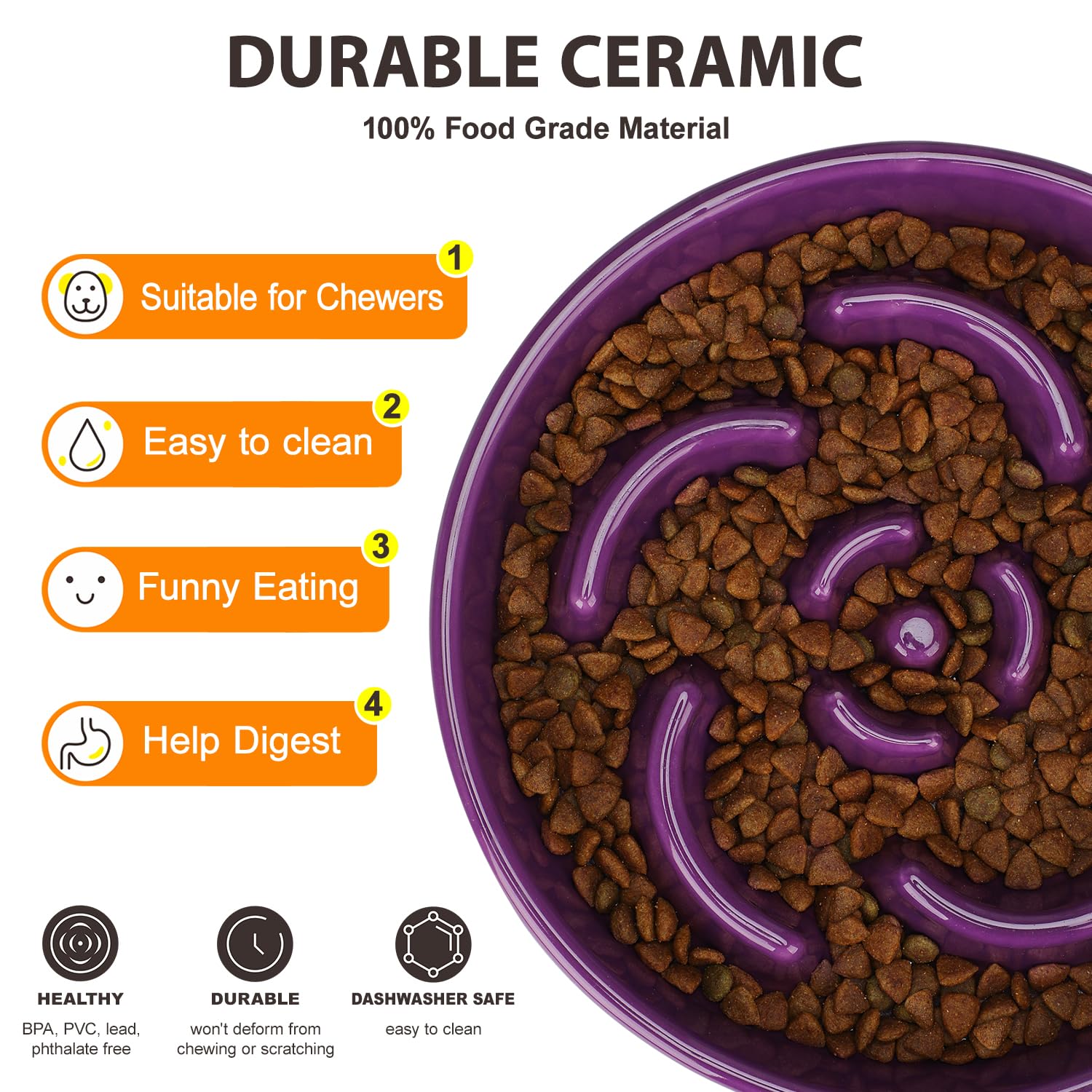 Slow Feeder Dog Bowl, Ceramic 8.3 inch Dog Food Bowls for Small, Medium, and Large Breed, Anti-Slip Maze Puzzle Food Dish to Slow Down Eating (Deep Purple, 8.3 inch) - image 2